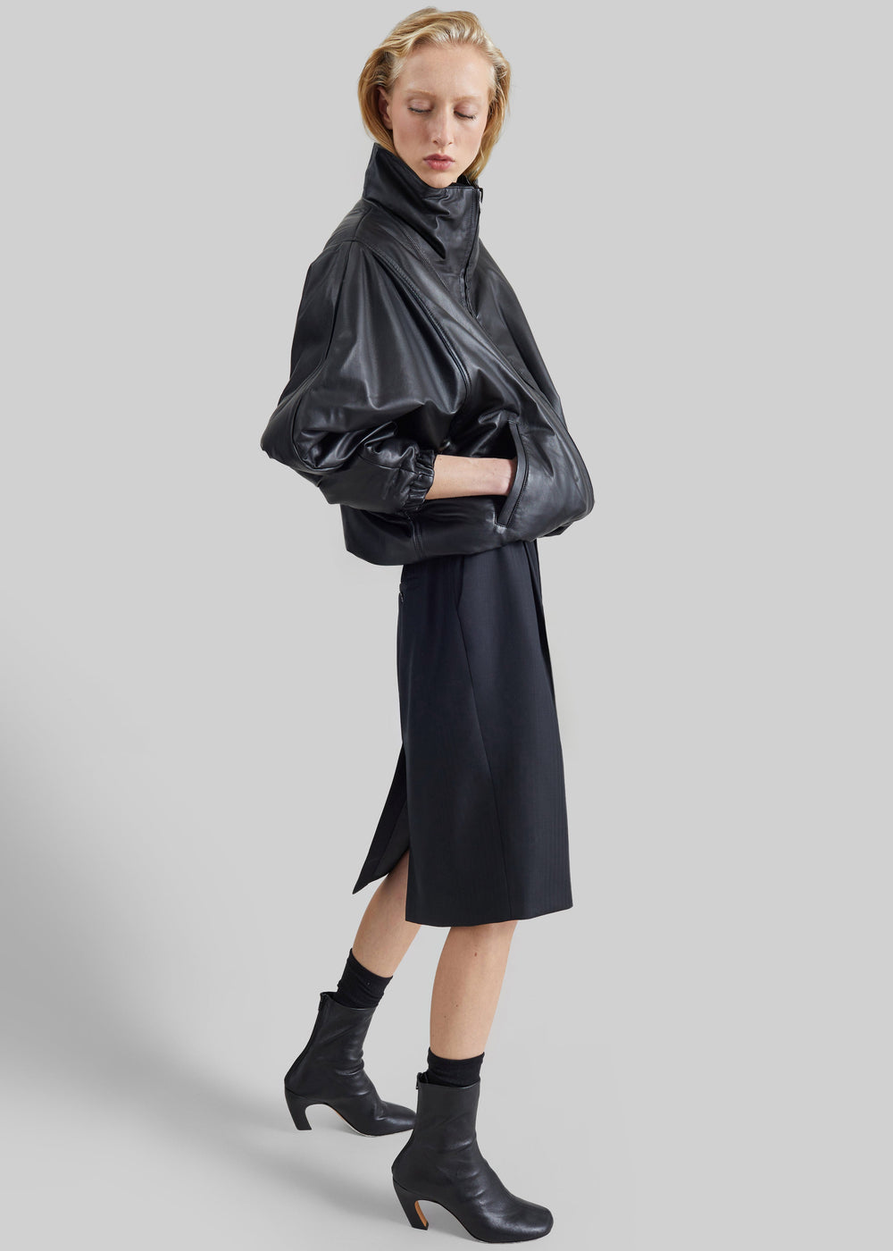 Assissi Leather Funnel Neck Bomber Jacket - Black - 1