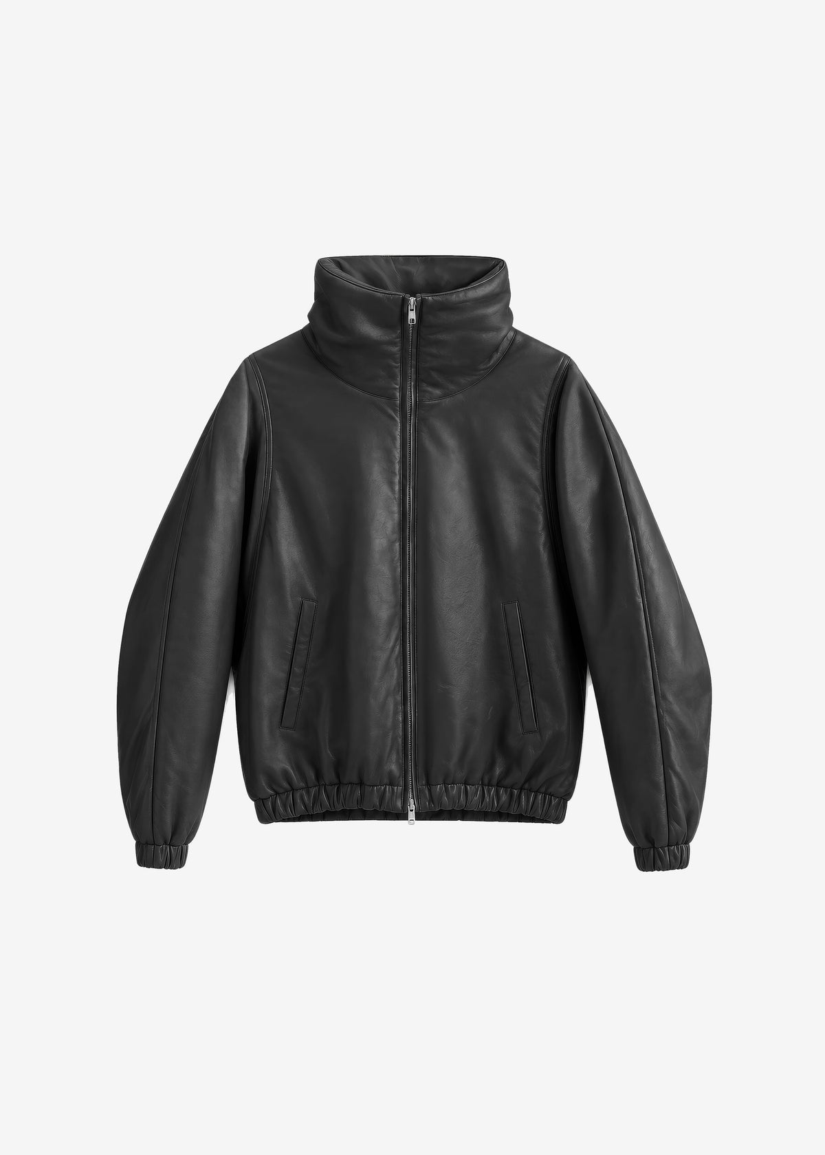 Bomber Assissi in pelle con collo a imbuto - Nero