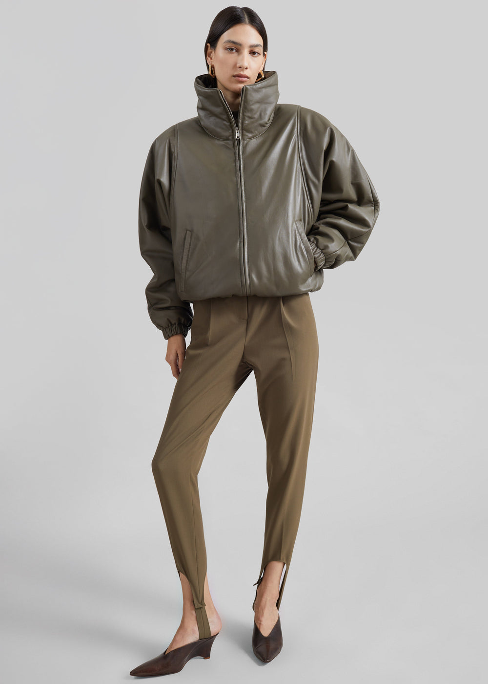 Assissi Leather Funnel Neck Bomber Jacket - Dark Olive - 1