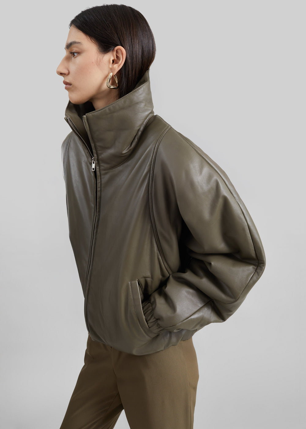 Assissi Leather Funnel Neck Bomber Jacket - Dark Olive