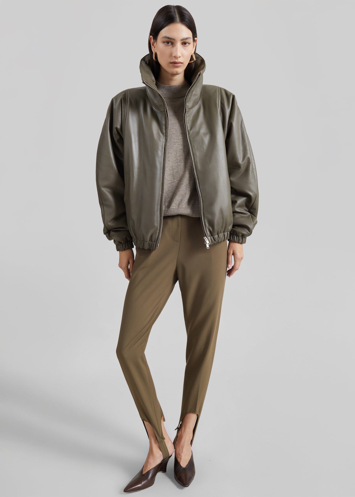 Bomber Assissi in pelle con collo a imbuto - Verde oliva scuro
