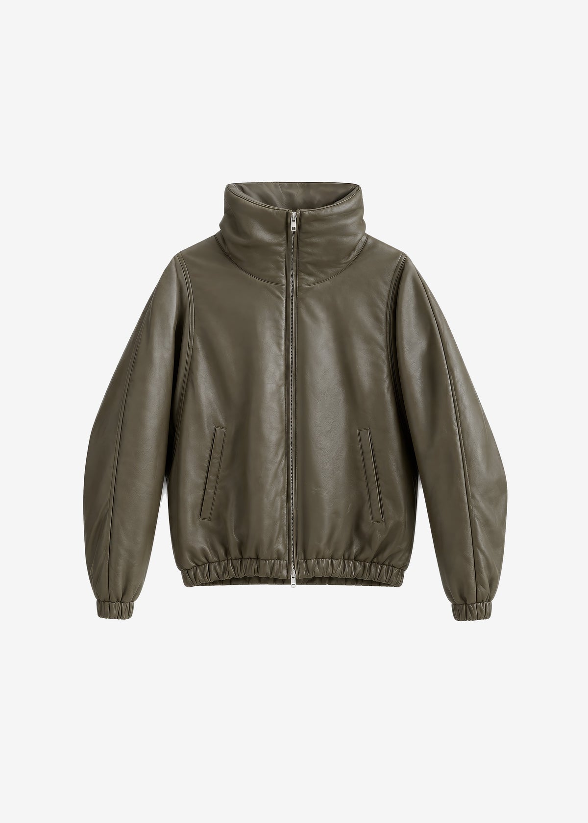 Bomber Assissi in pelle con collo a imbuto - Verde oliva scuro