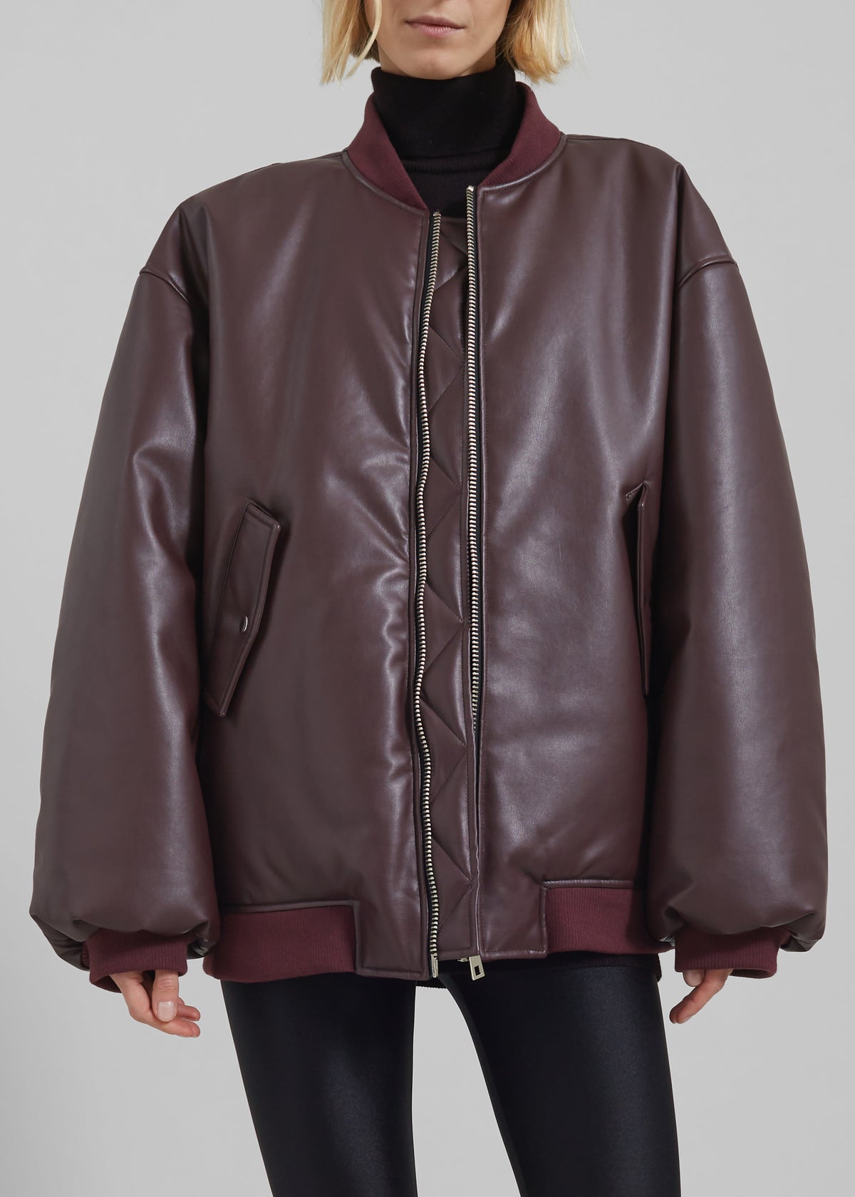 Astra Faux Leather Bomber Jacket - Burgundy - 4