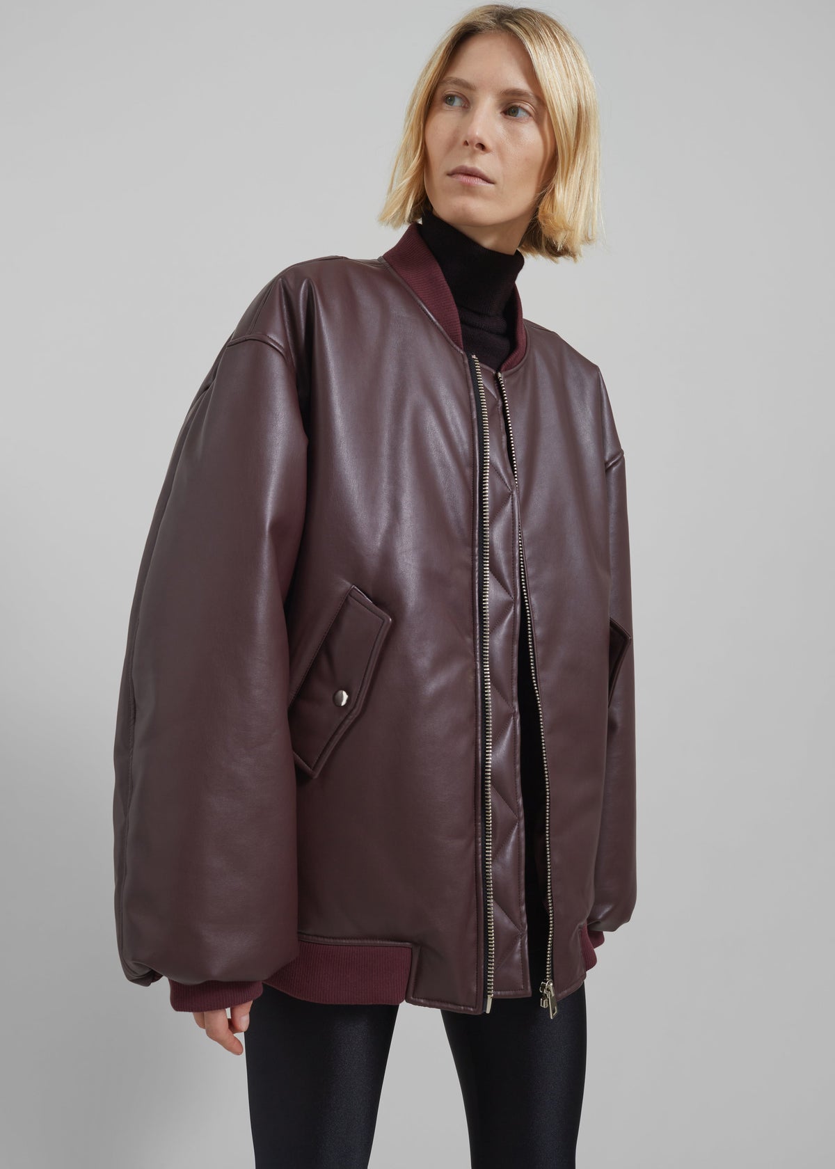 Astra Faux Leather Bomber Jacket - Burgundy - 5