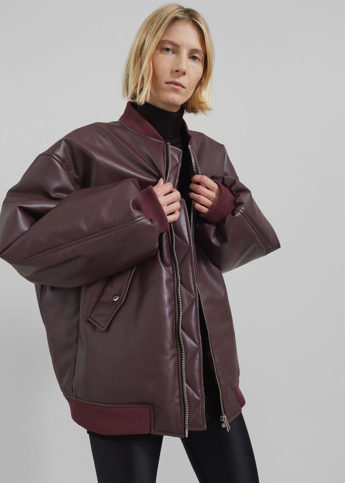 Astra Faux Leather Bomber Jacket - Burgundy - 3