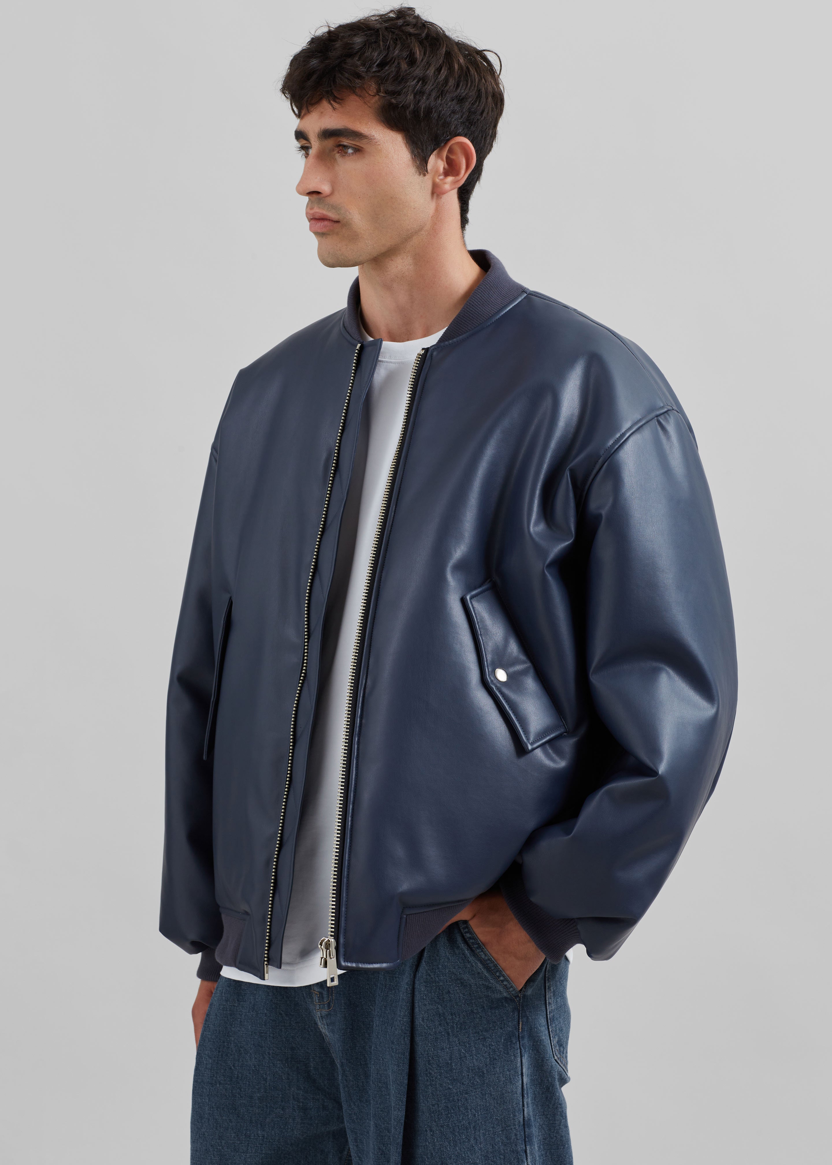 Astra Faux Leather Bomber Jacket - Navy - 10