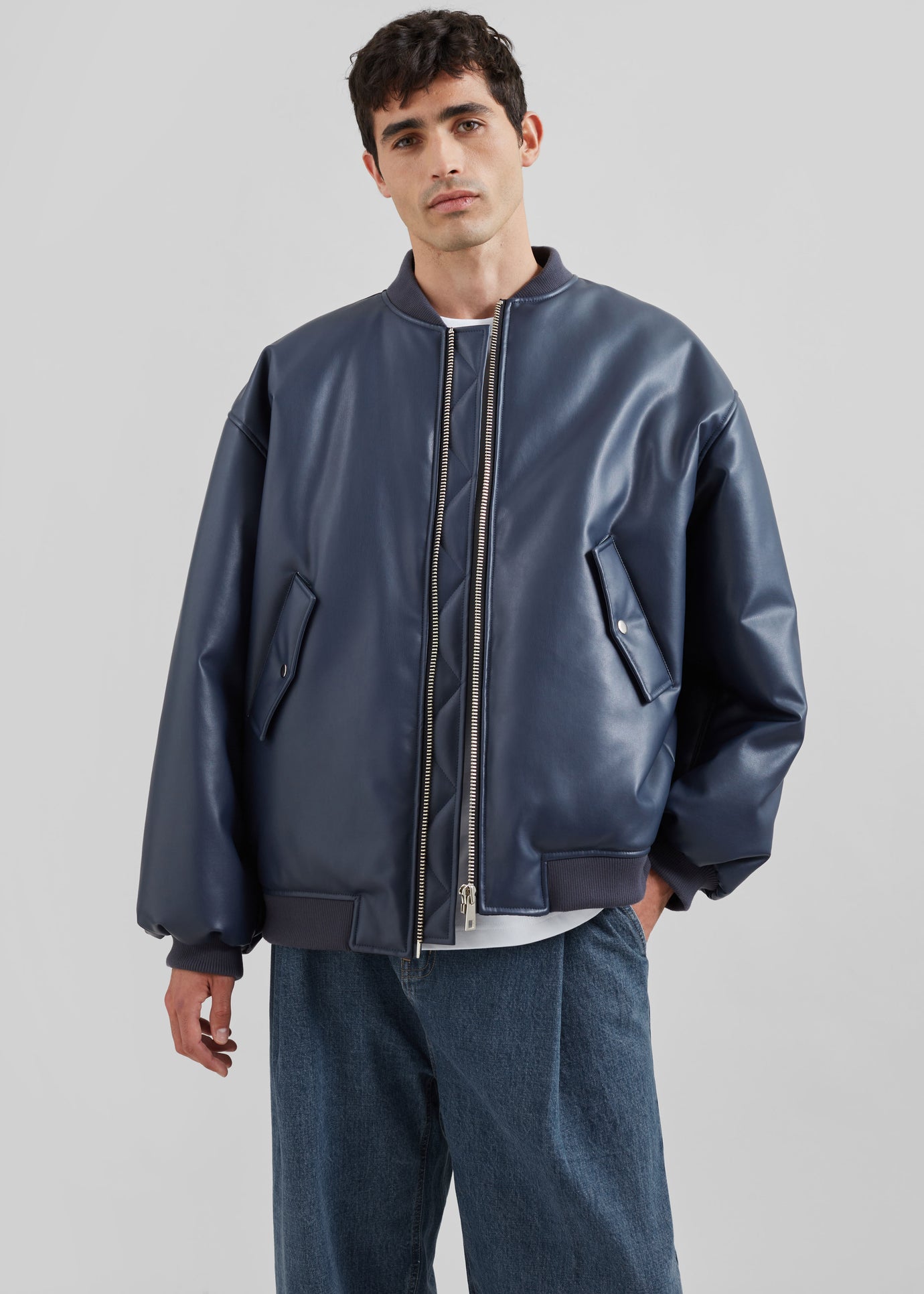 Astra Faux Leather Bomber Jacket - Navy - 1