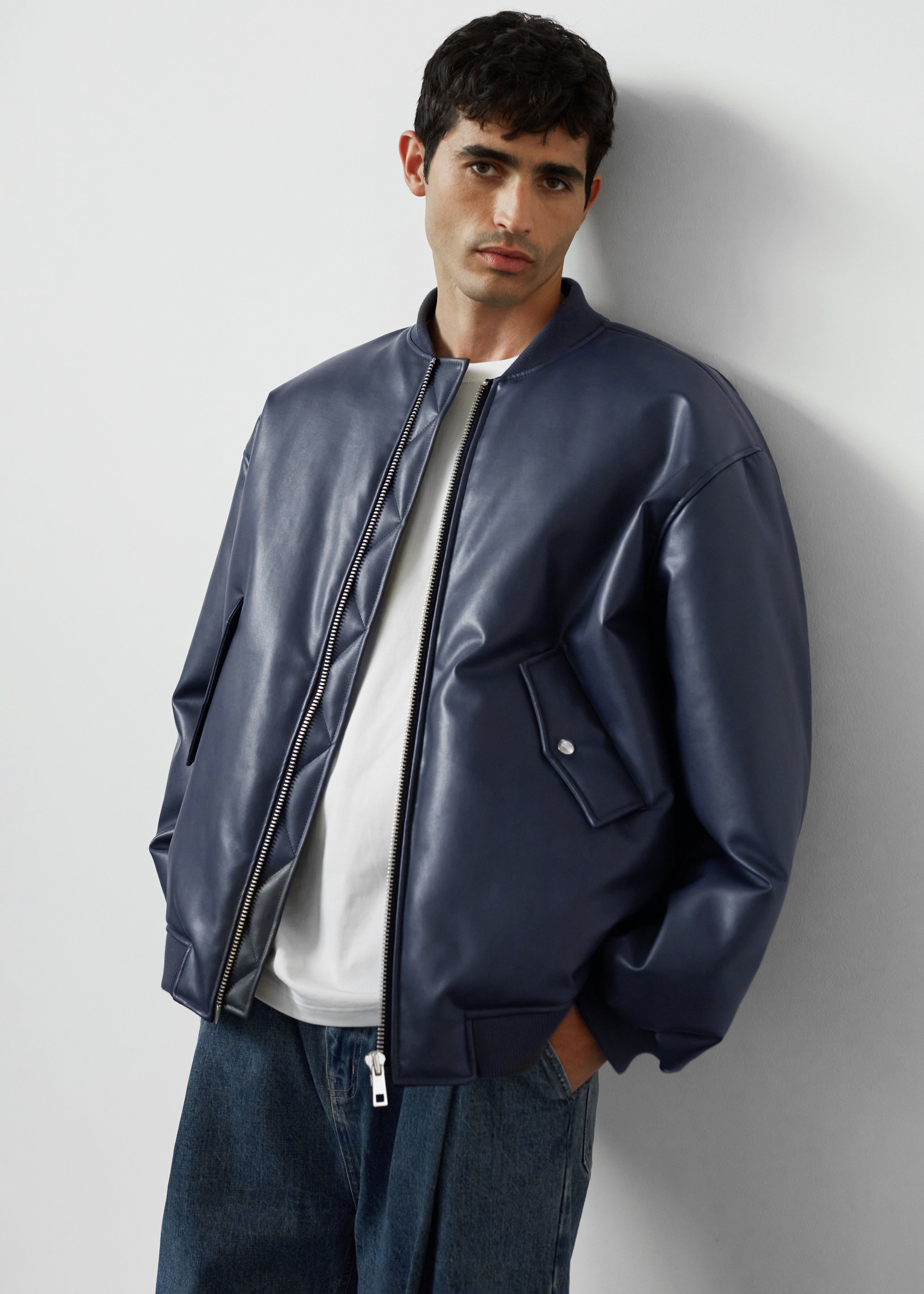 Astra Faux Leather Bomber Jacket - Navy - 8