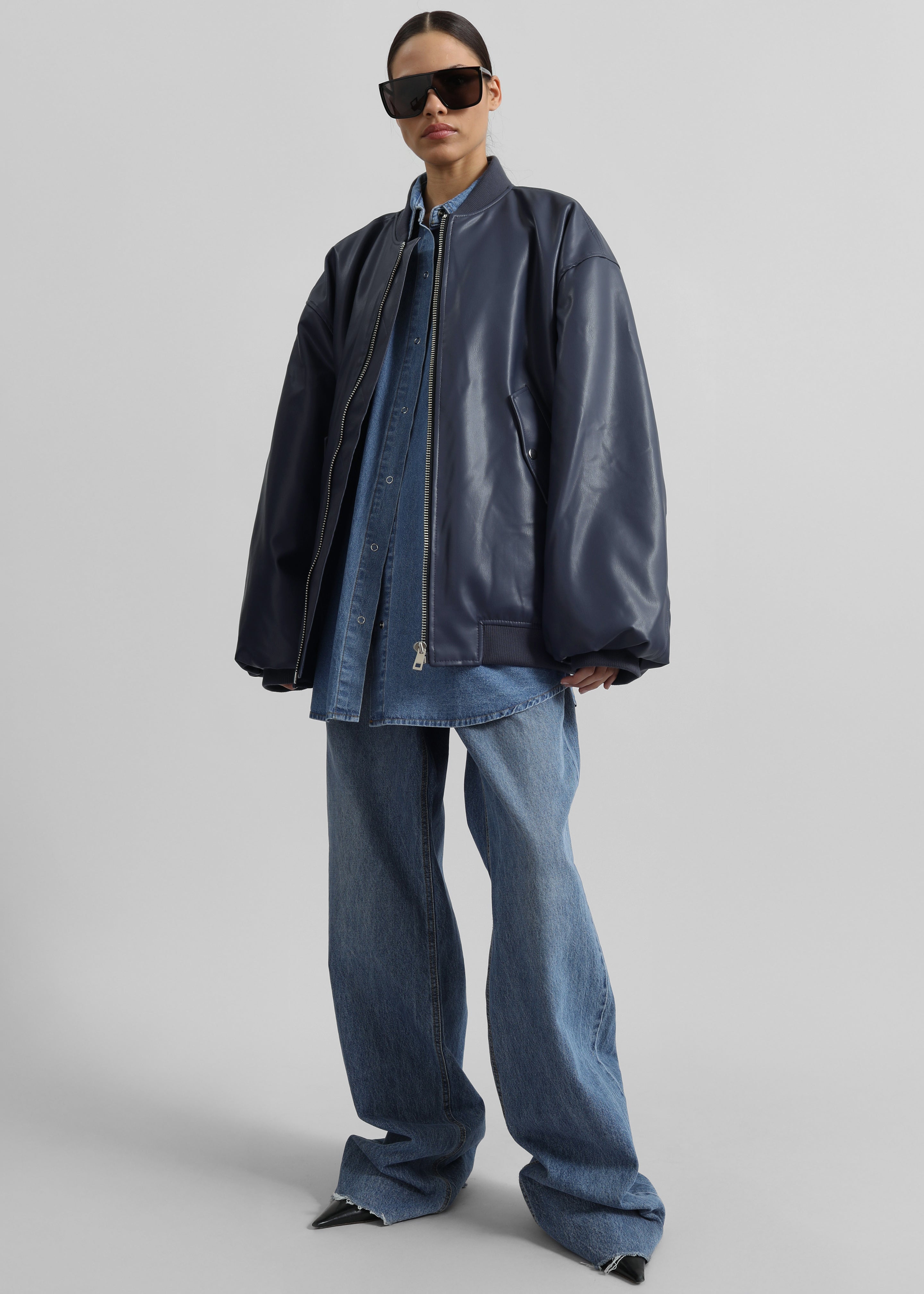 Astra Faux Leather Bomber Jacket - Navy - 1