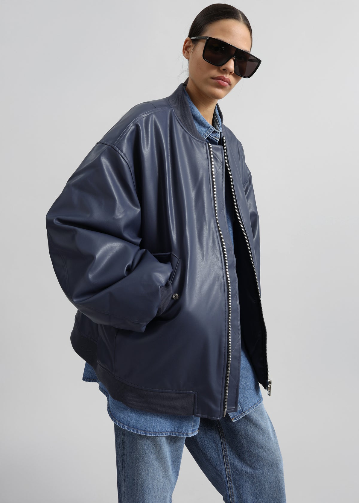 Astra Faux Leather Bomber Jacket - Navy - 2