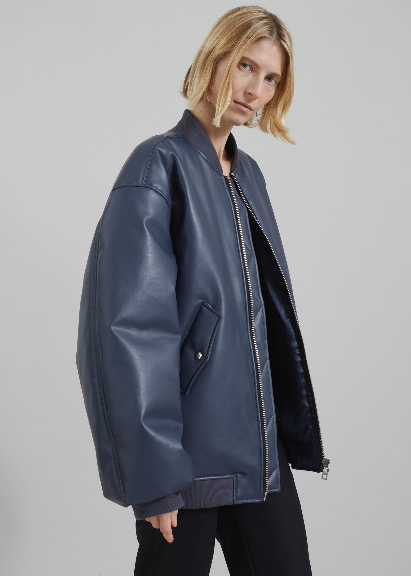 Astra Faux Leather Bomber Jacket - Navy - 1