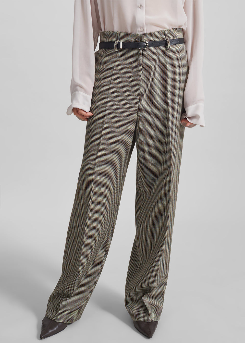 Aubel Belted Straight Pants - Black Houndstooth