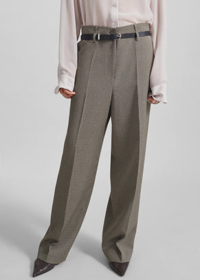 Aubel Belted Straight Pants - Black Houndstooth