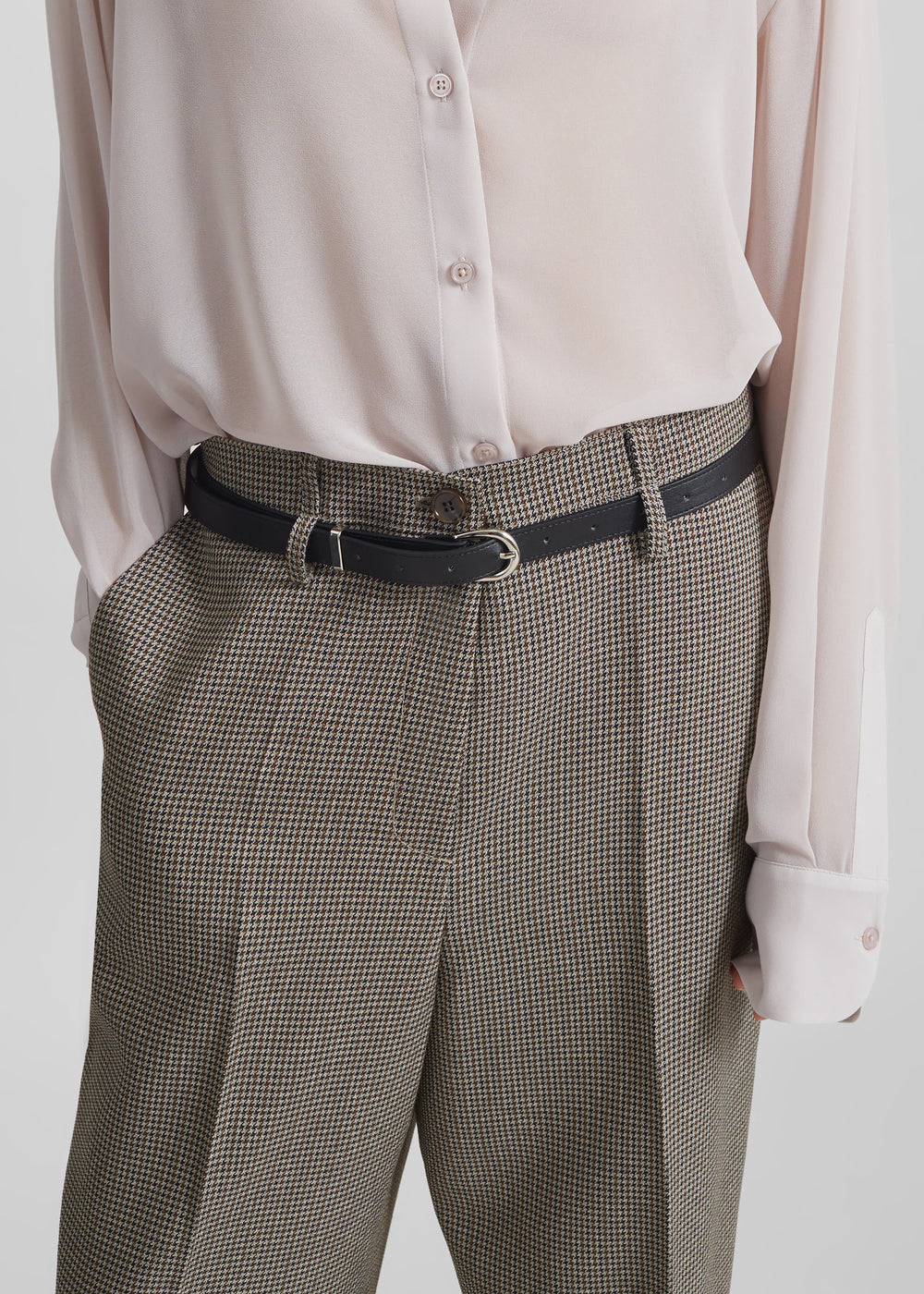 Aubel Belted Straight Pants - Black Houndstooth - 1