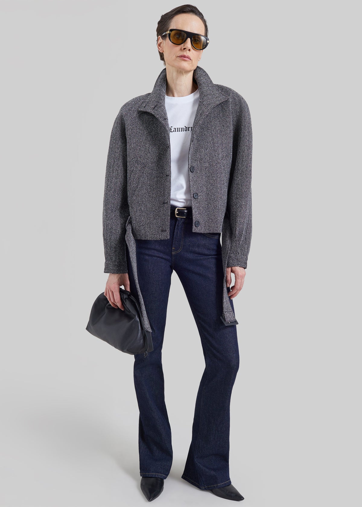 Shop the look image for Aubin Herringbone Belted Jacket - Black Melange