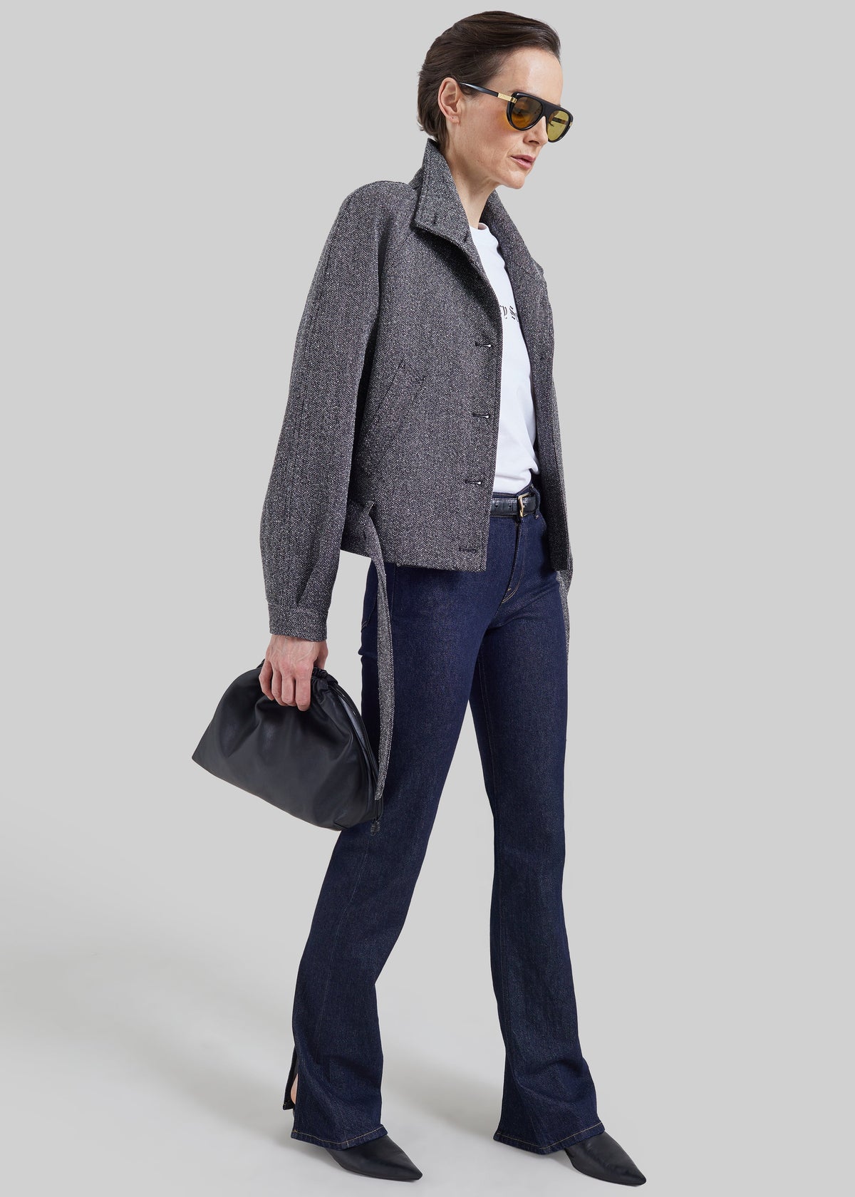 Aubin Herringbone Belted Jacket - Black Melange