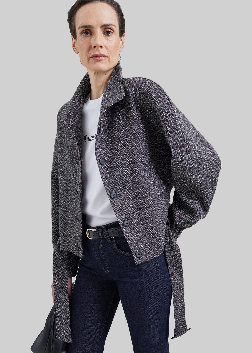 Aubin Herringbone Belted Jacket - Black Melange