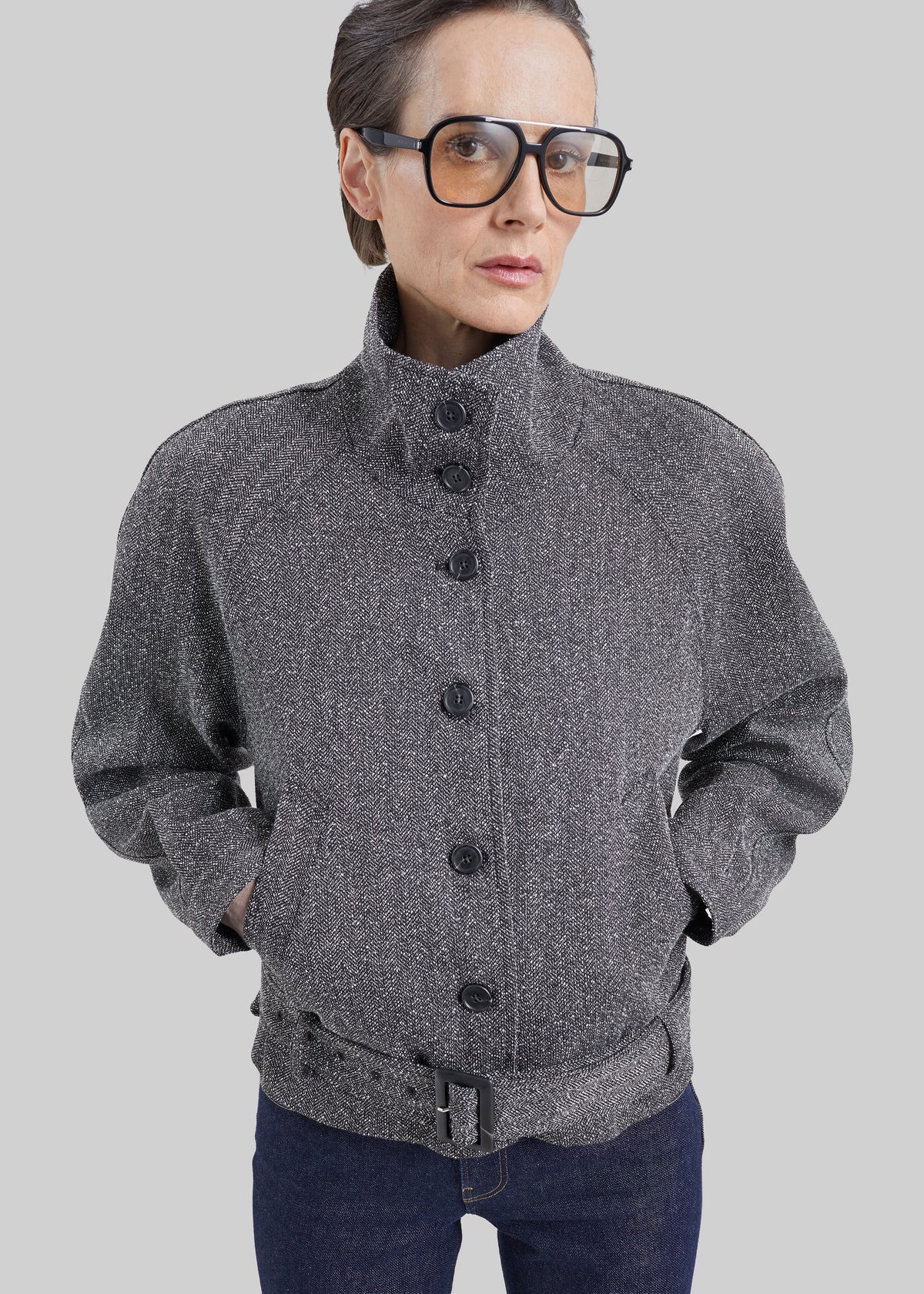 Aubin Herringbone Belted Jacket - Black Melange