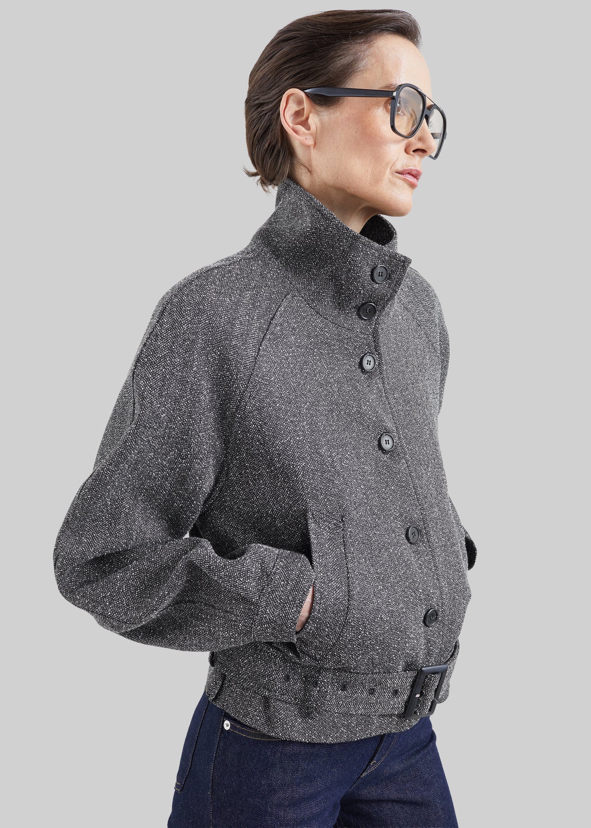 Aubin Herringbone Belted Jacket - Black Melange