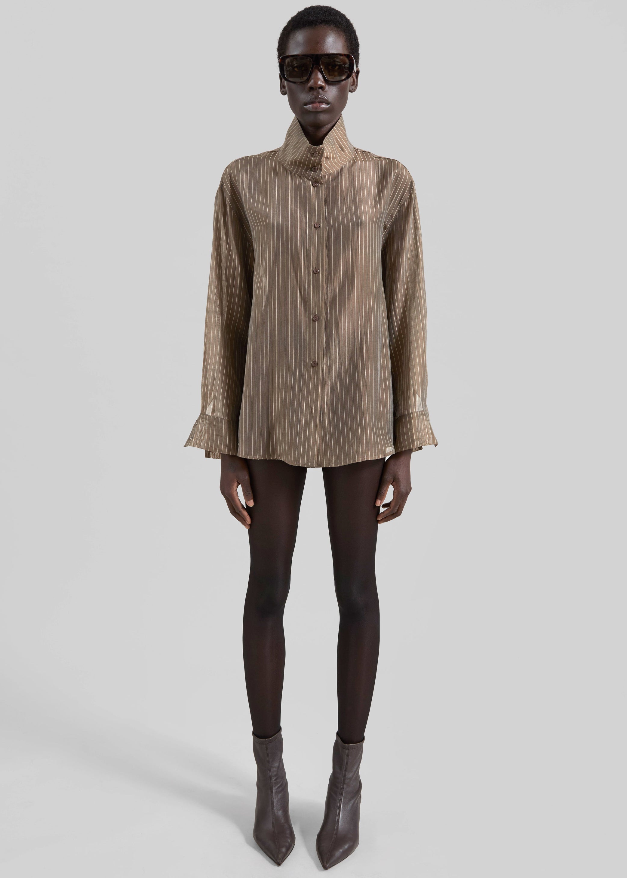 Shop the look image for Avila Sheer Fluid Shirt - Brown/White Stripe