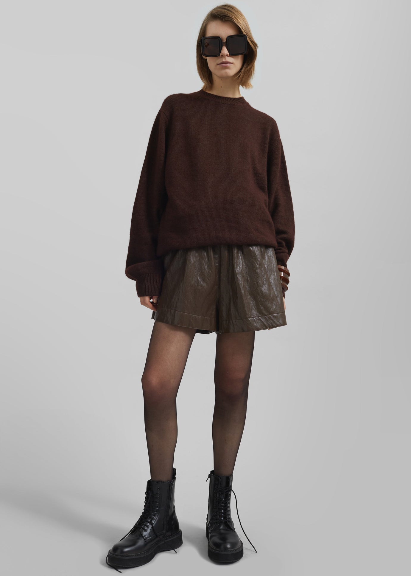 Axelle Faux Leather Shorts - Brown - 1