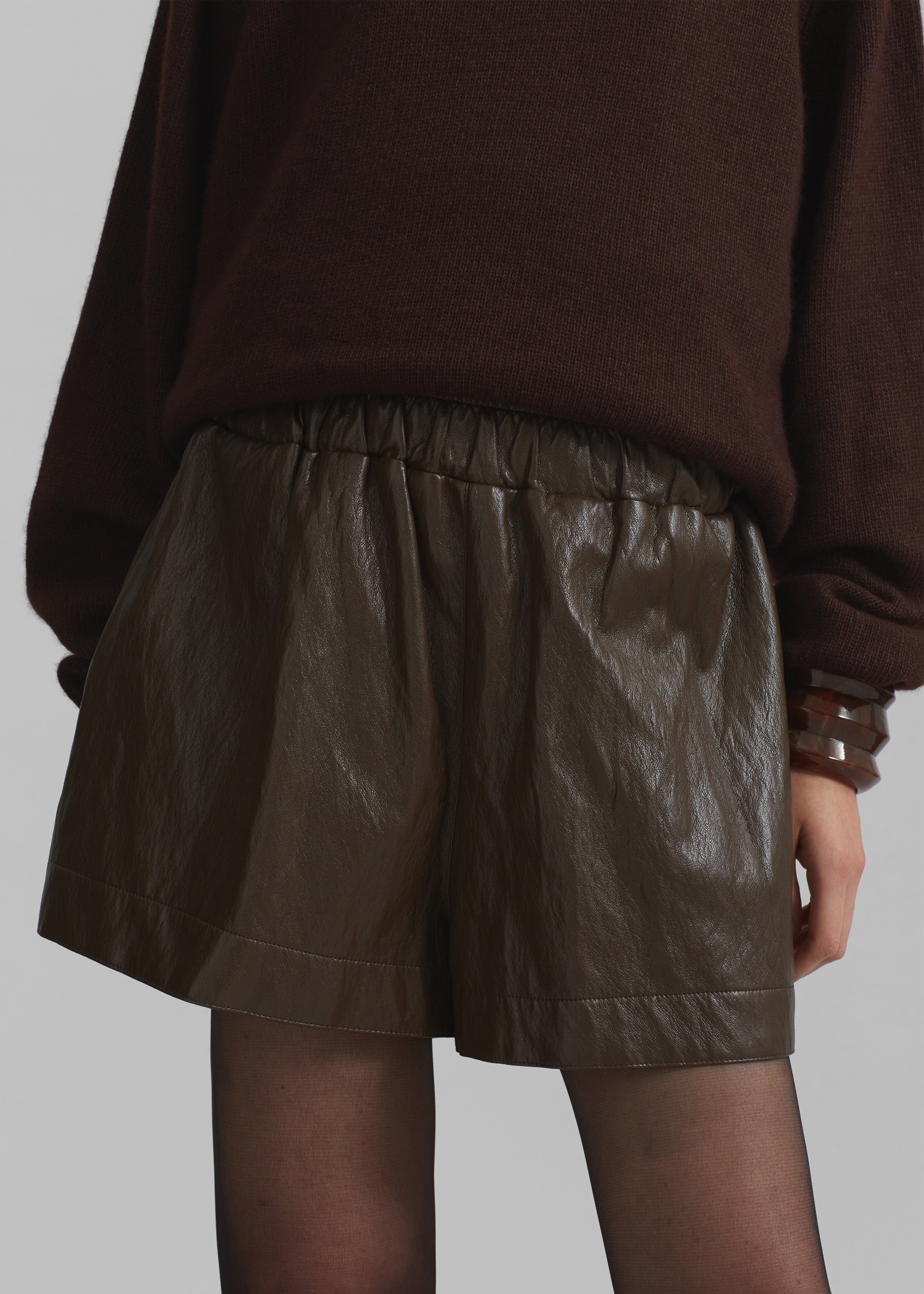 Axelle Faux Leather Shorts - Brown - 5