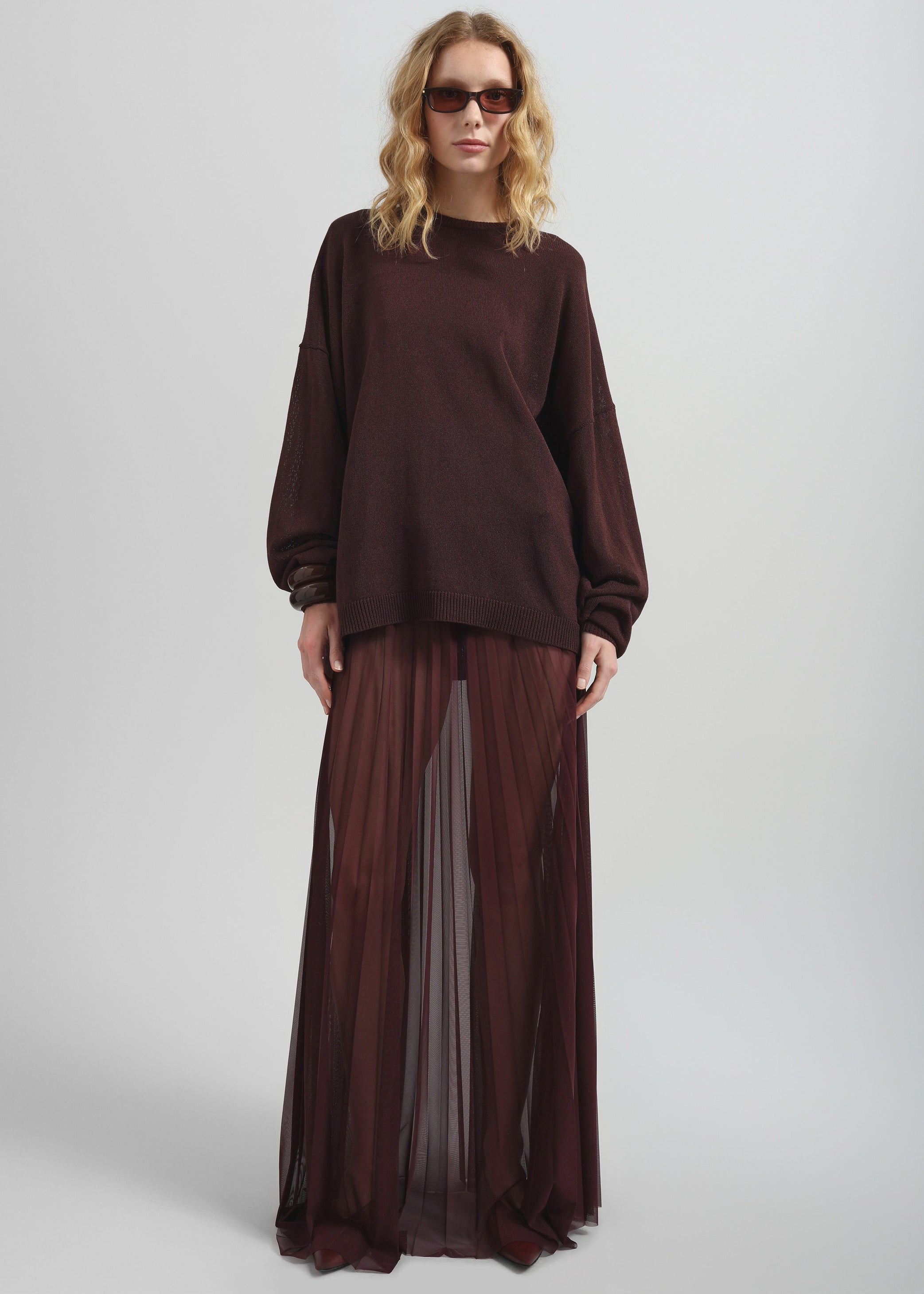Shop the look image for Vallen Pleated Mesh Maxi Skirt - Burgundy
