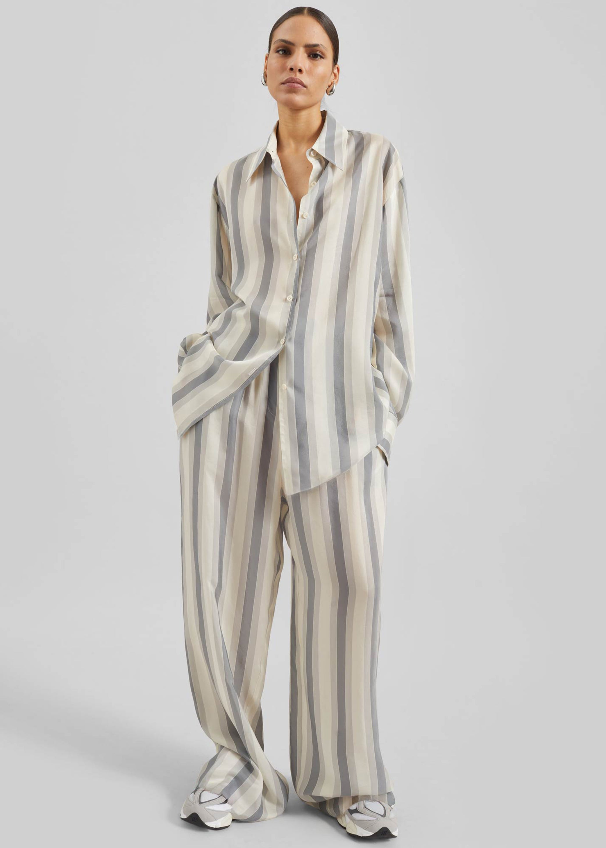 Shop the look image for Baxter Sheer Fluid Track Pants - White/Grey Stripe