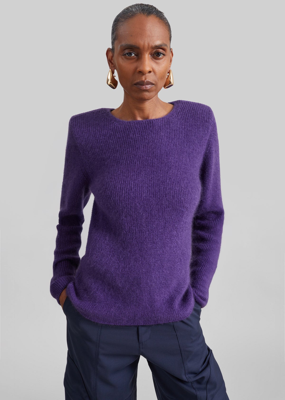Top Beatrice in maglia con spalle imbottite - Viola scuro