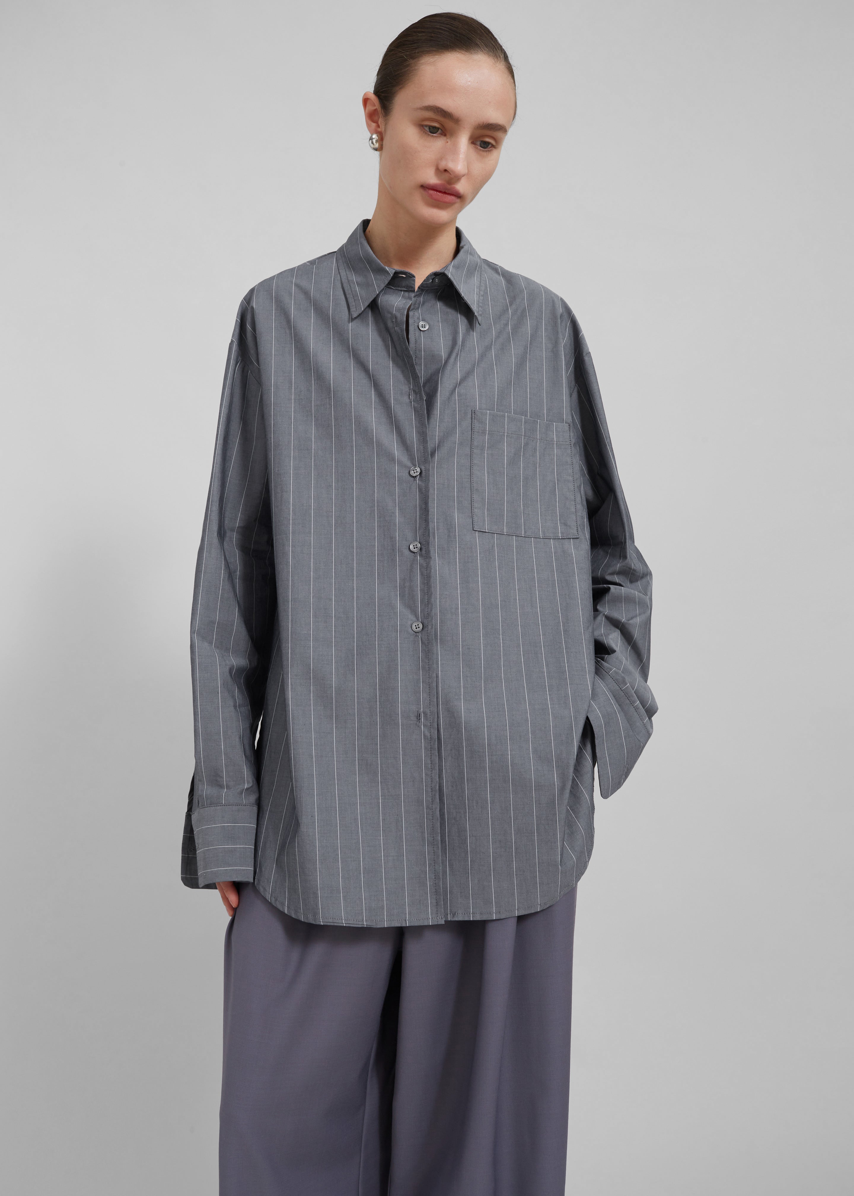 Beatrix Button Up Shirt - Grey/White Pinstripe - 5