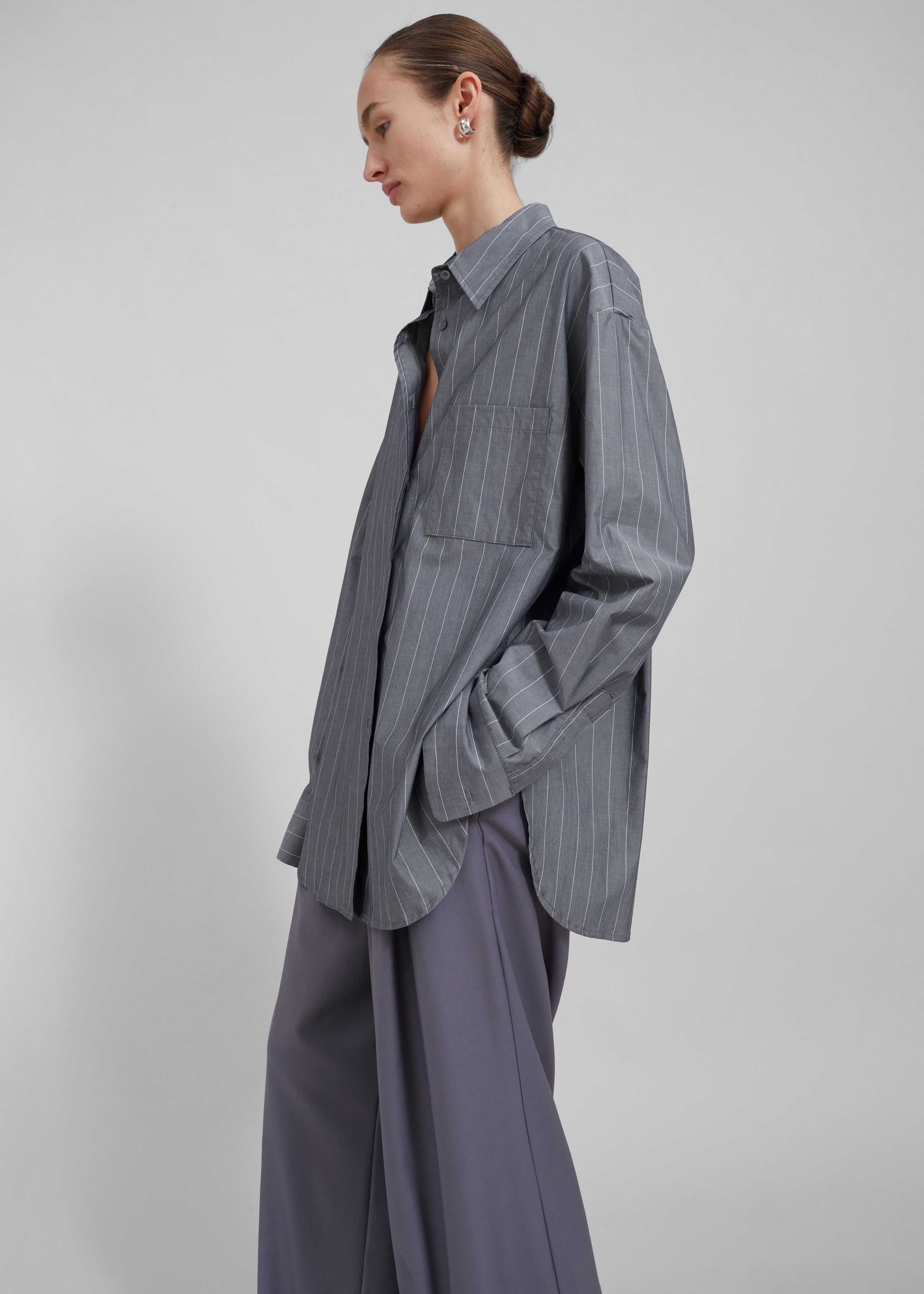 Beatrix Button Up Shirt - Grey/White Pinstripe - 8