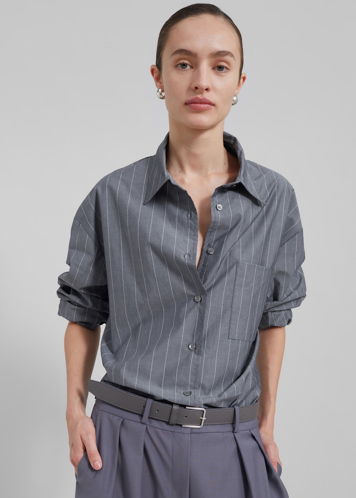 Beatrix Button Up Shirt - Grey/White Pinstripe - 7