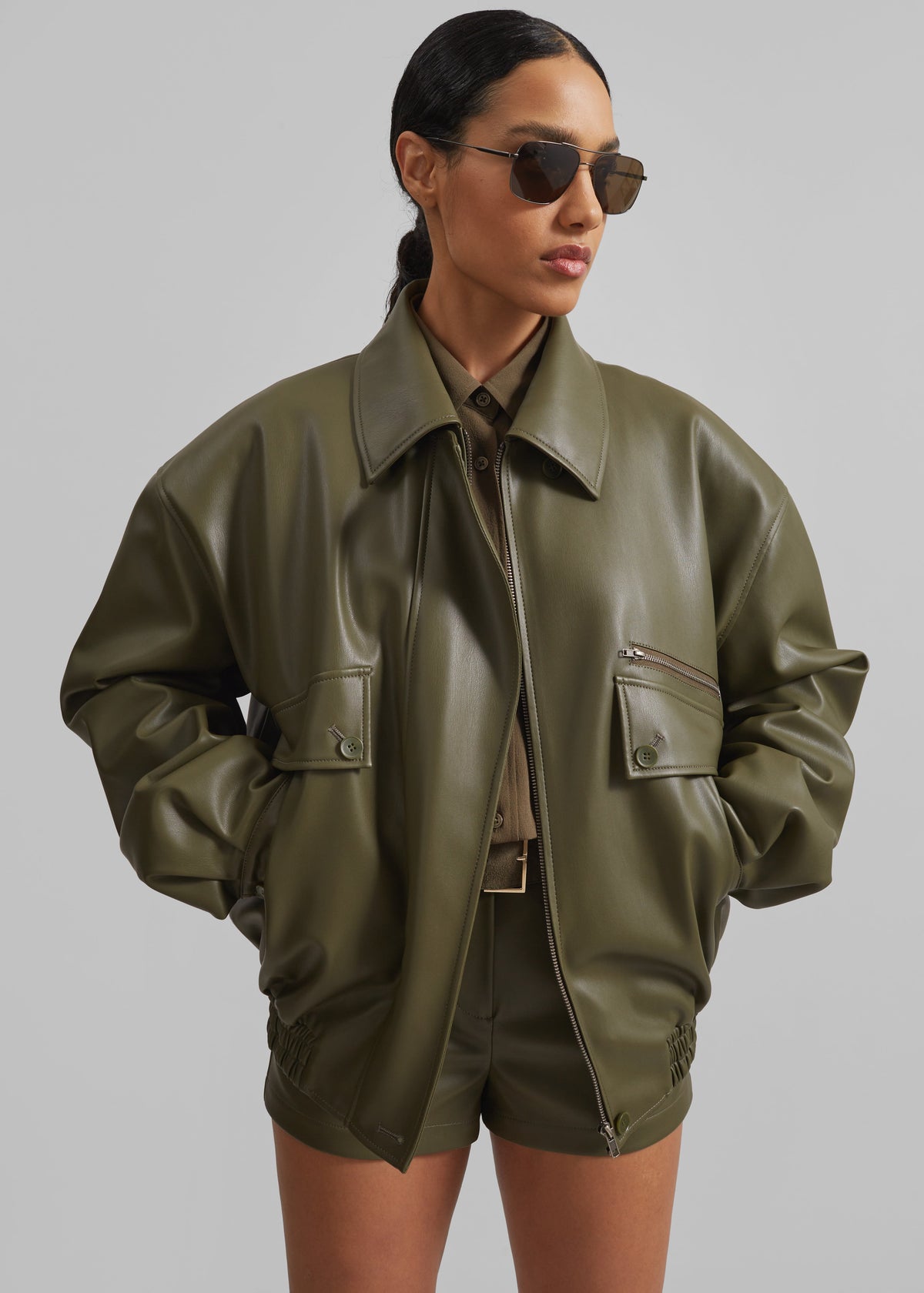 Belmont Faux Leather Jacket - Khaki - 1