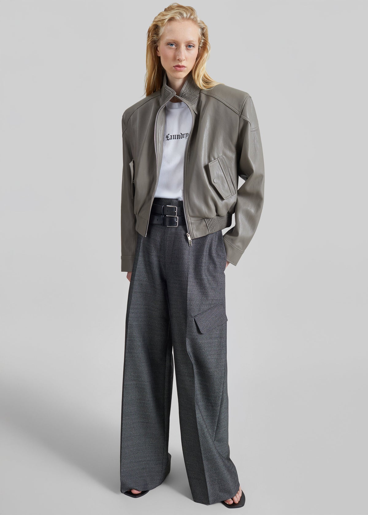 Belval Faux Leather Cropped Bomber Jacket - Grey