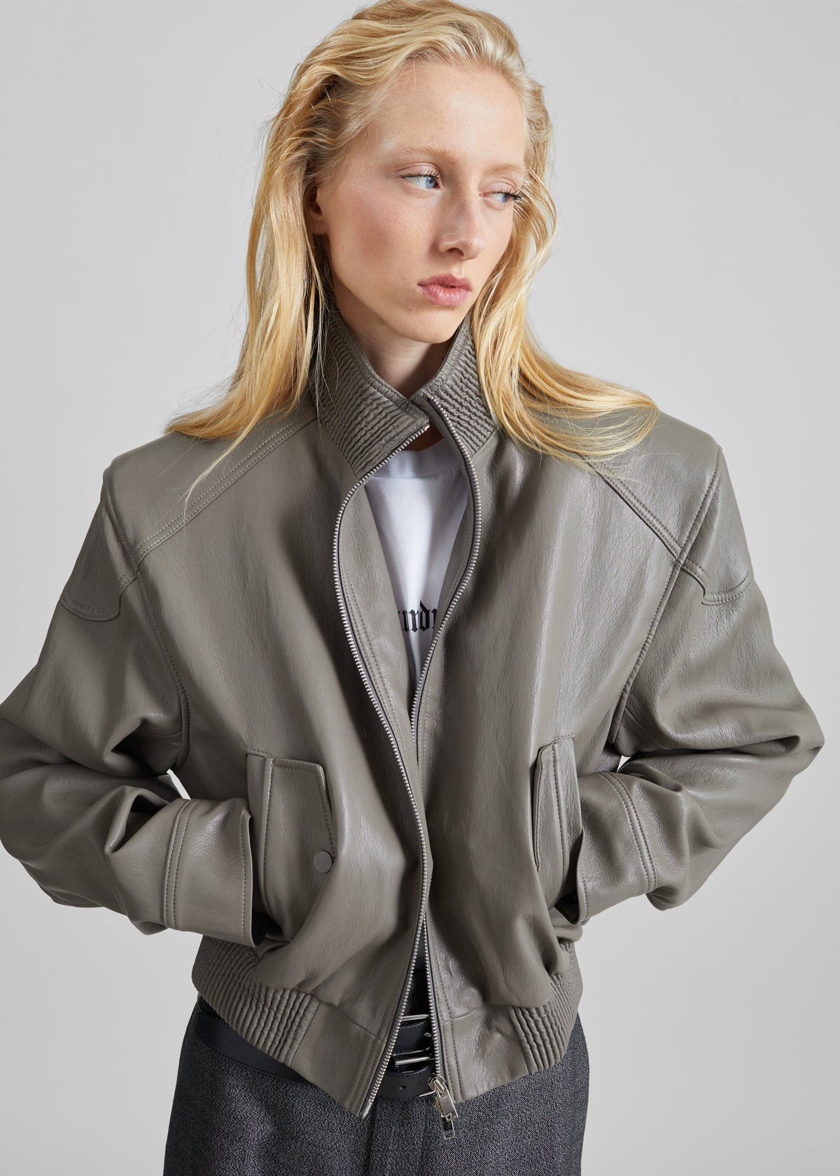 Belval Faux Leather Cropped Bomber Jacket - Grey
