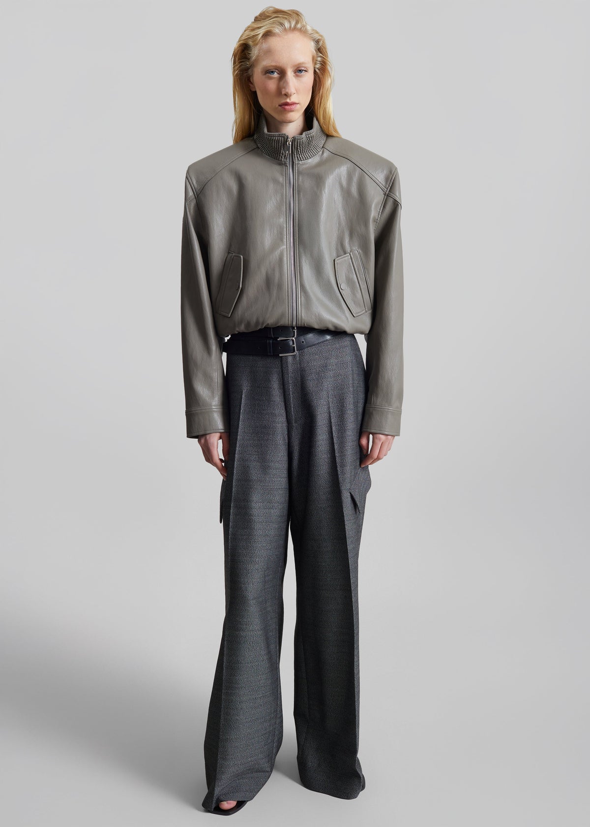 Belval Faux Leather Cropped Bomber Jacket - Grey