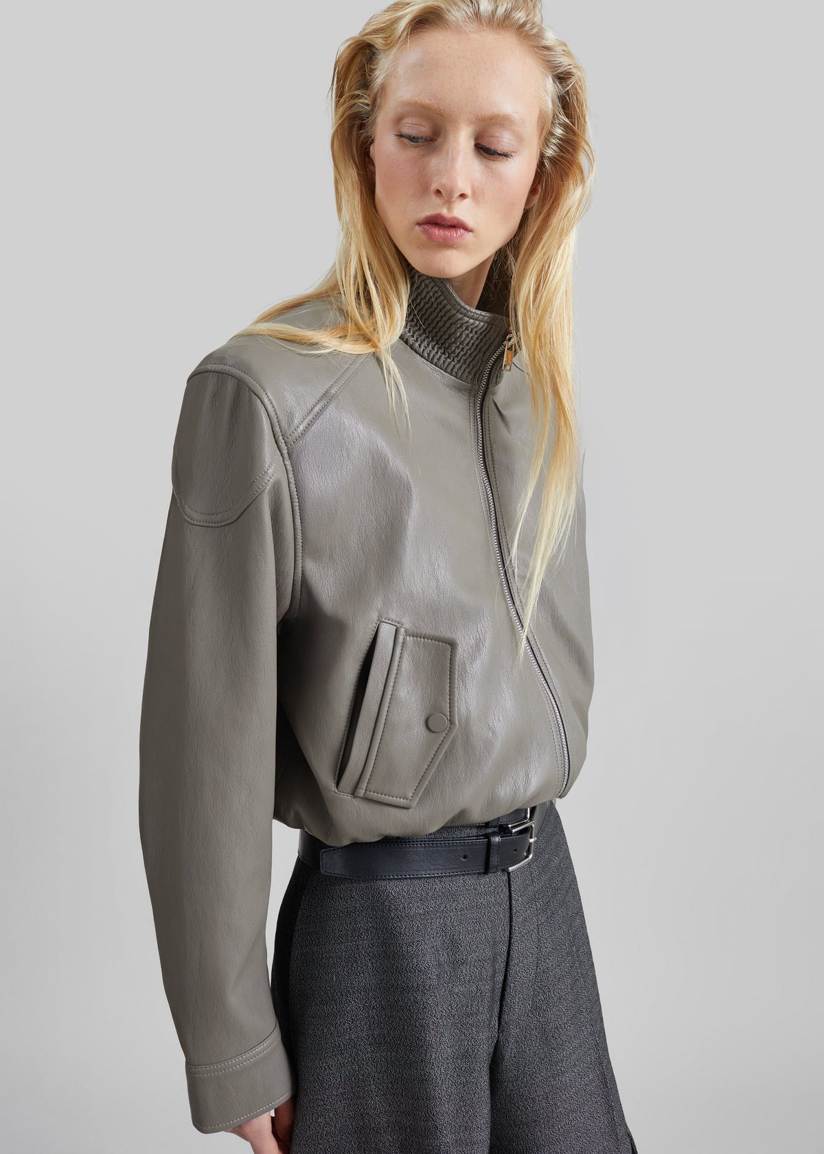 Belval Faux Leather Cropped Bomber Jacket - Grey