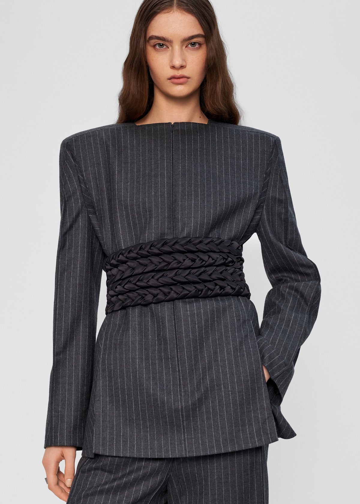 Bevza Pinstriped Blazer - Dark Grey - 1