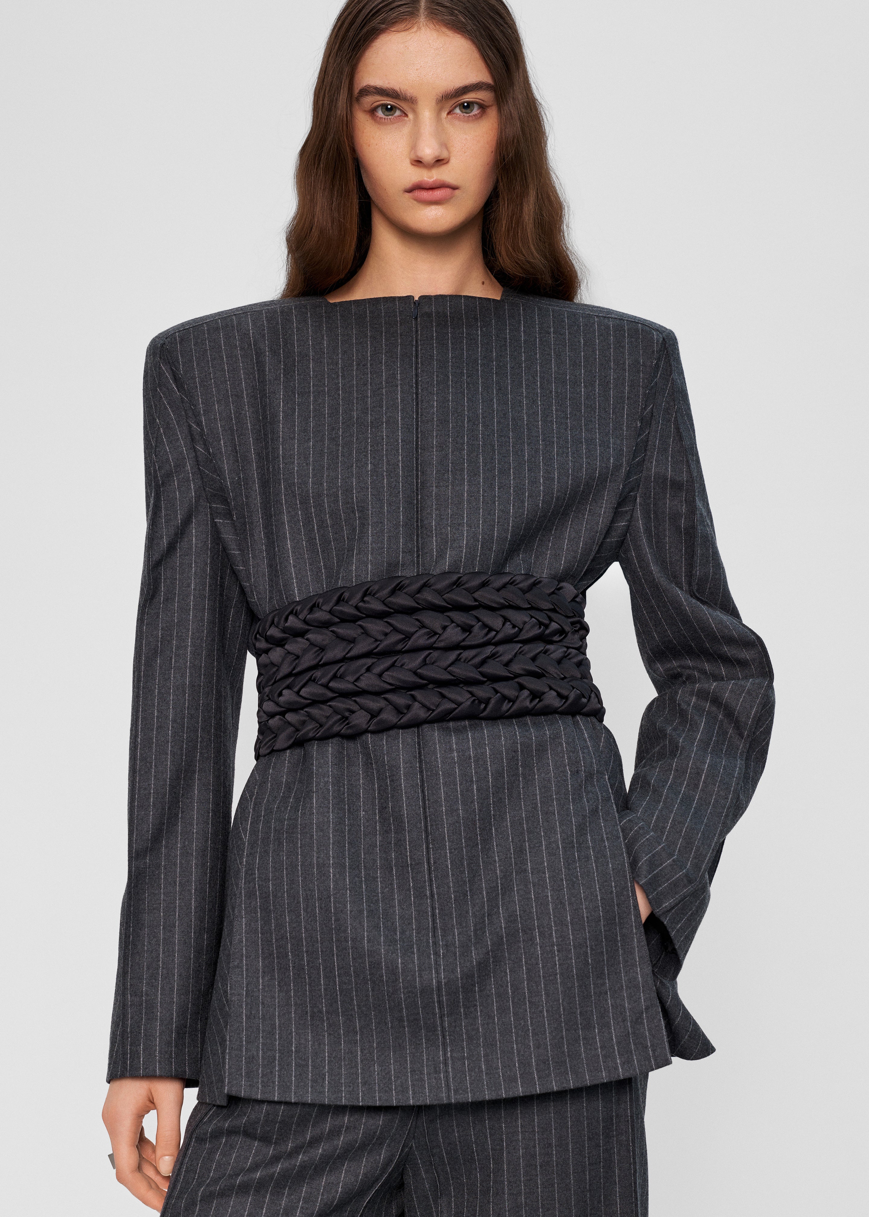 Bevza Pinstriped Blazer - Dark Grey - 1