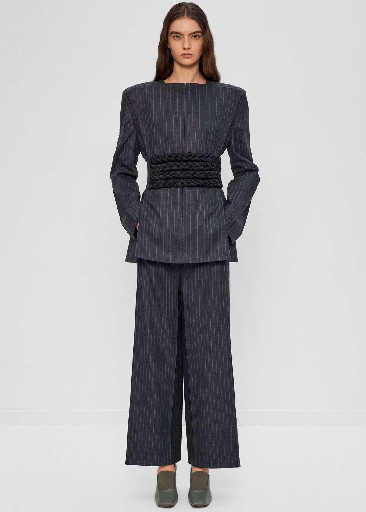 Bevza Pinstriped Blazer - Dark Grey - 2