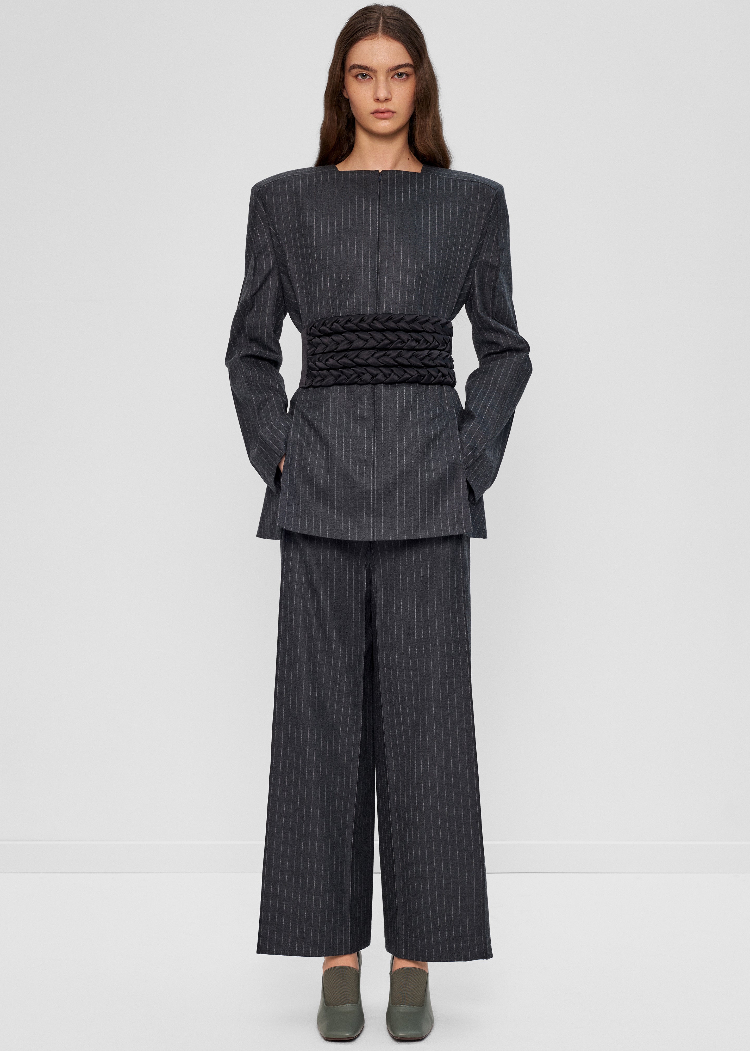 Bevza Pinstriped Blazer - Dark Grey - 2