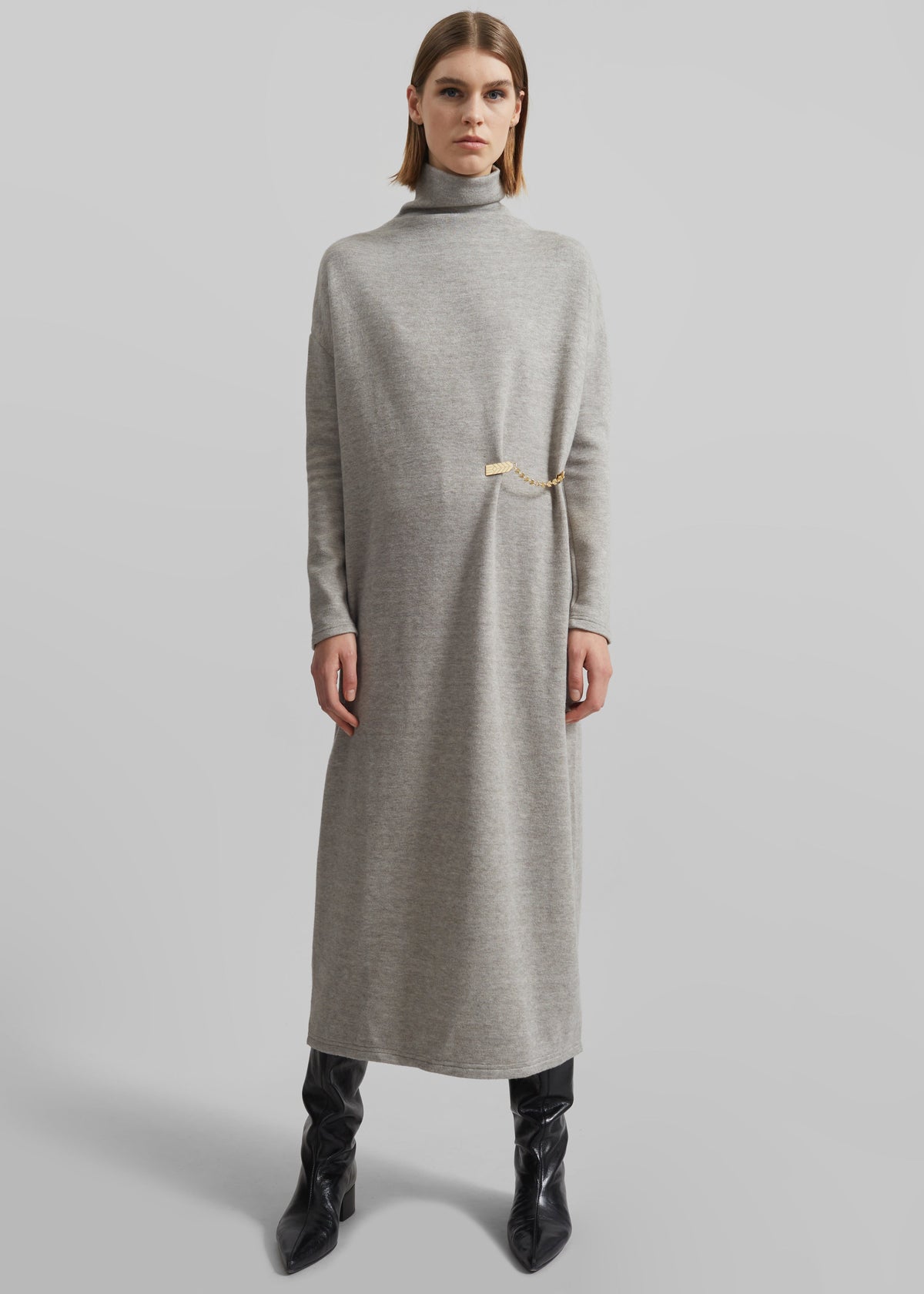 Bevza Turtleneck Long Dress - Grey Melange - 3