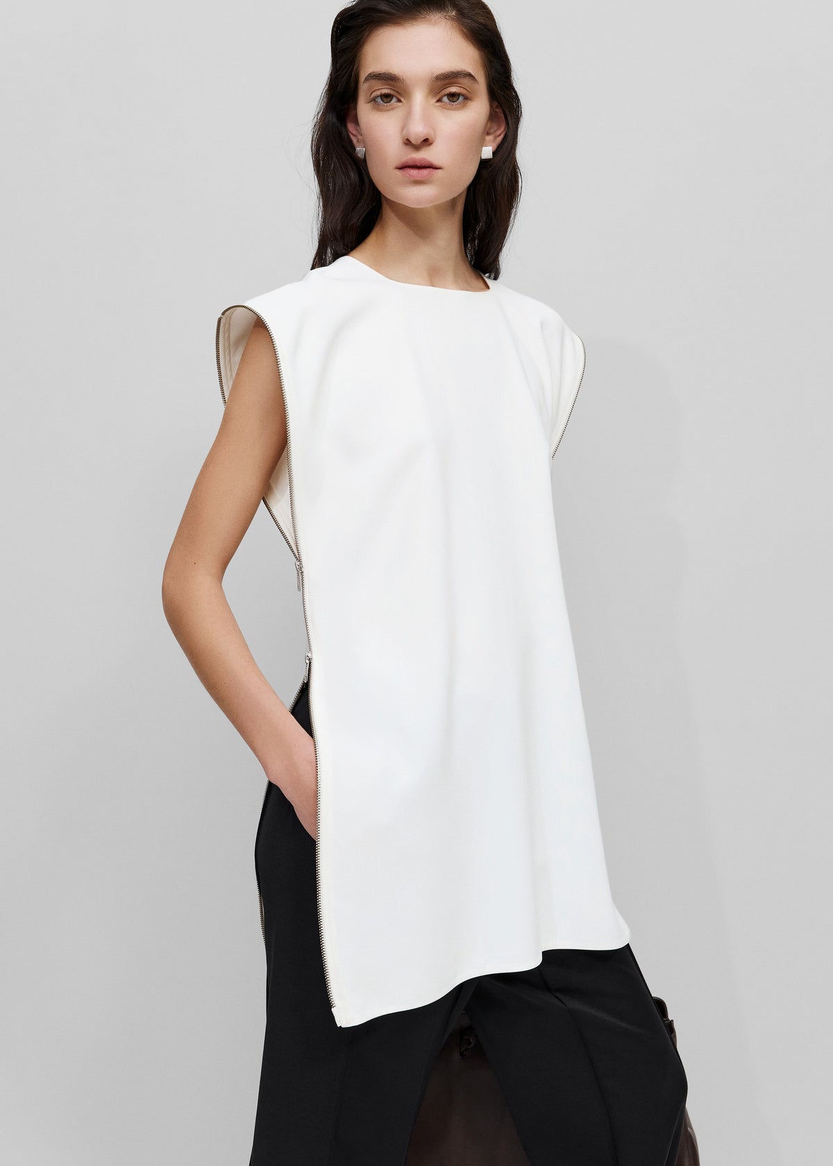 Bevza Zipper Tunic Top - White - 1