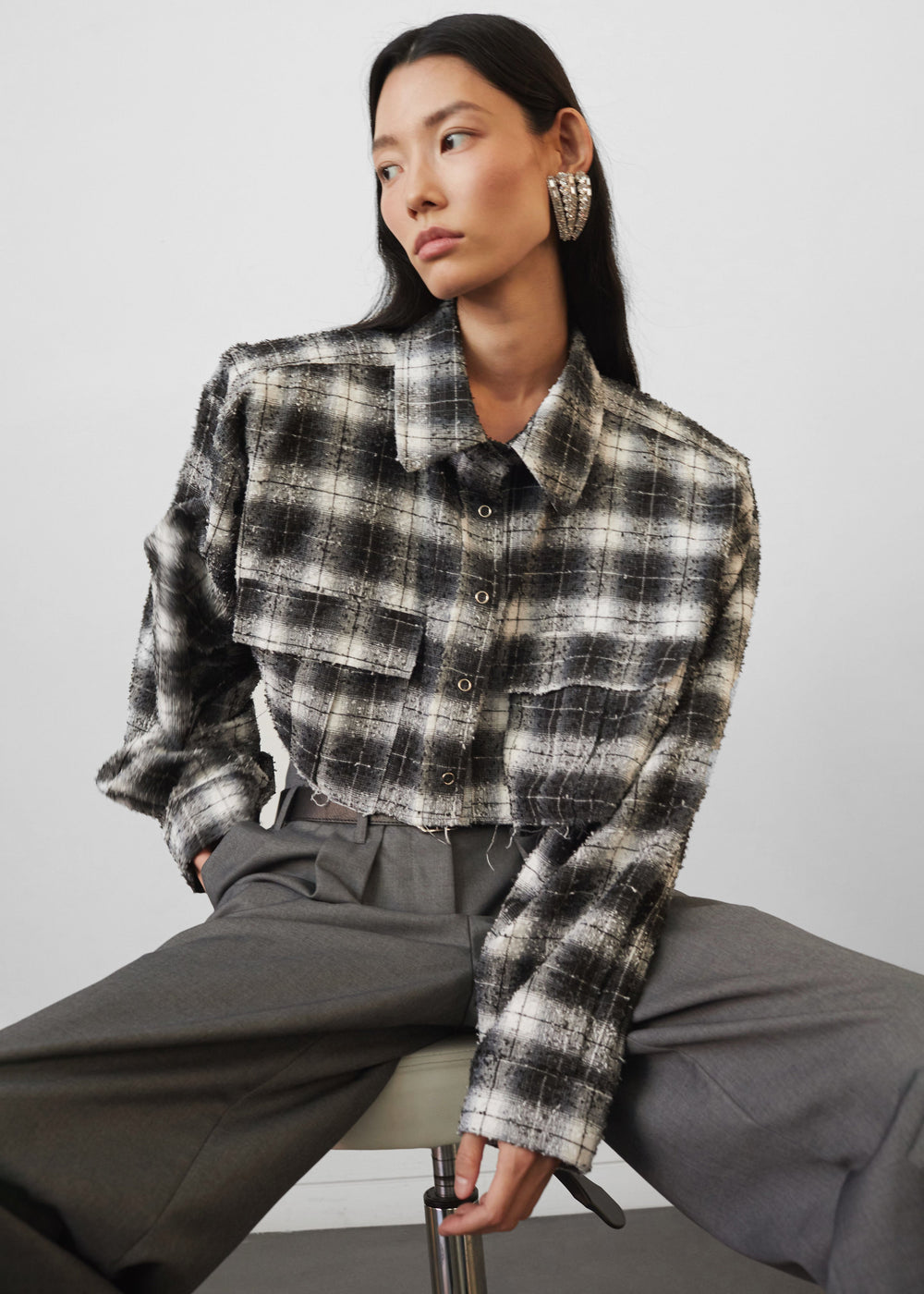 Biasca Distressed Cropped Shirt - Black Plaid - 1