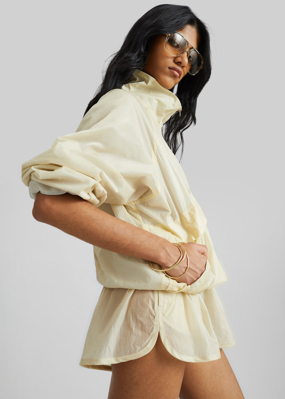 Bicos Sheer Mini Track Shorts - Pale Yellow - 1