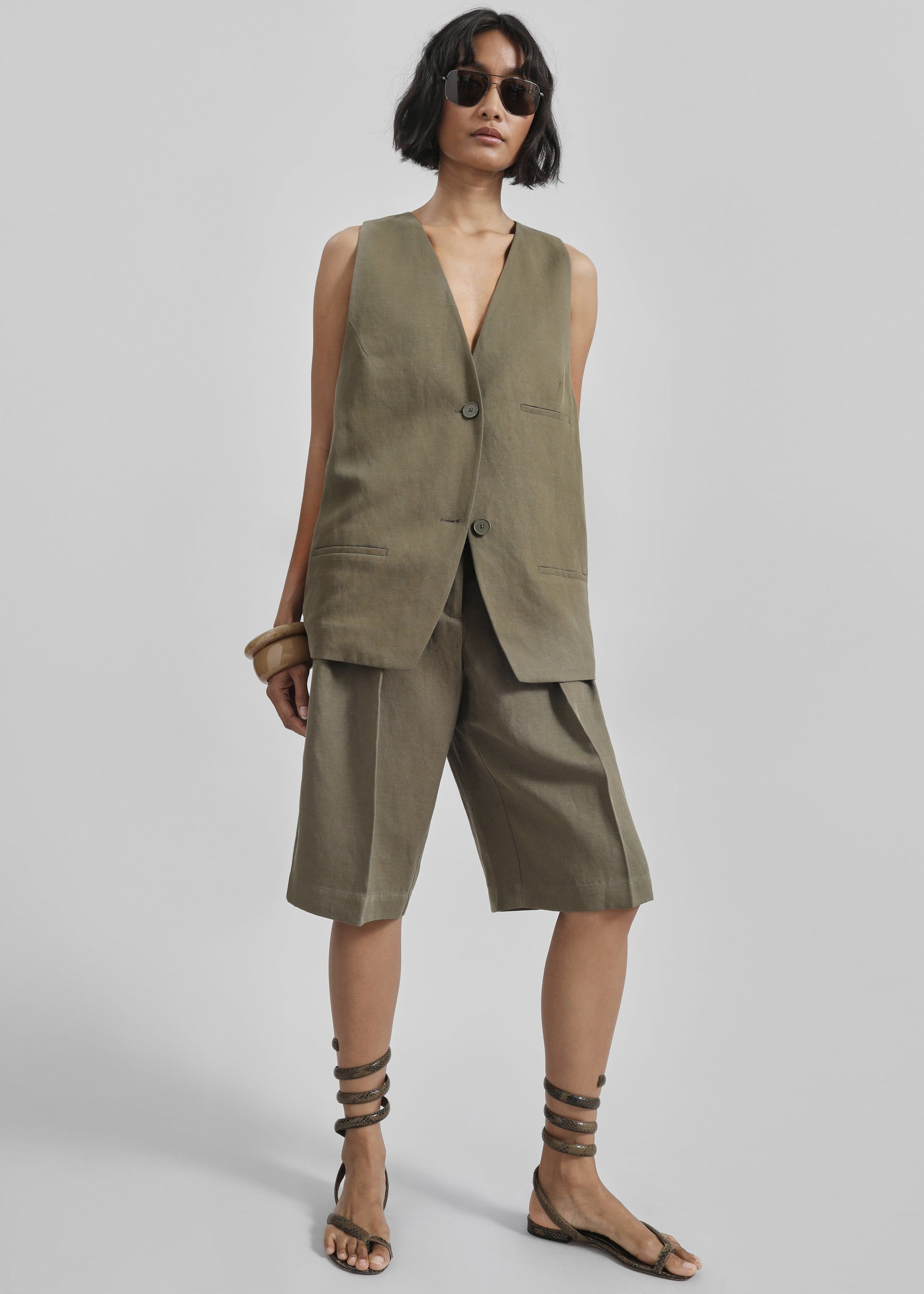 Shop the look image for Bilbao Pleated Linen Bermuda Shorts - Khaki