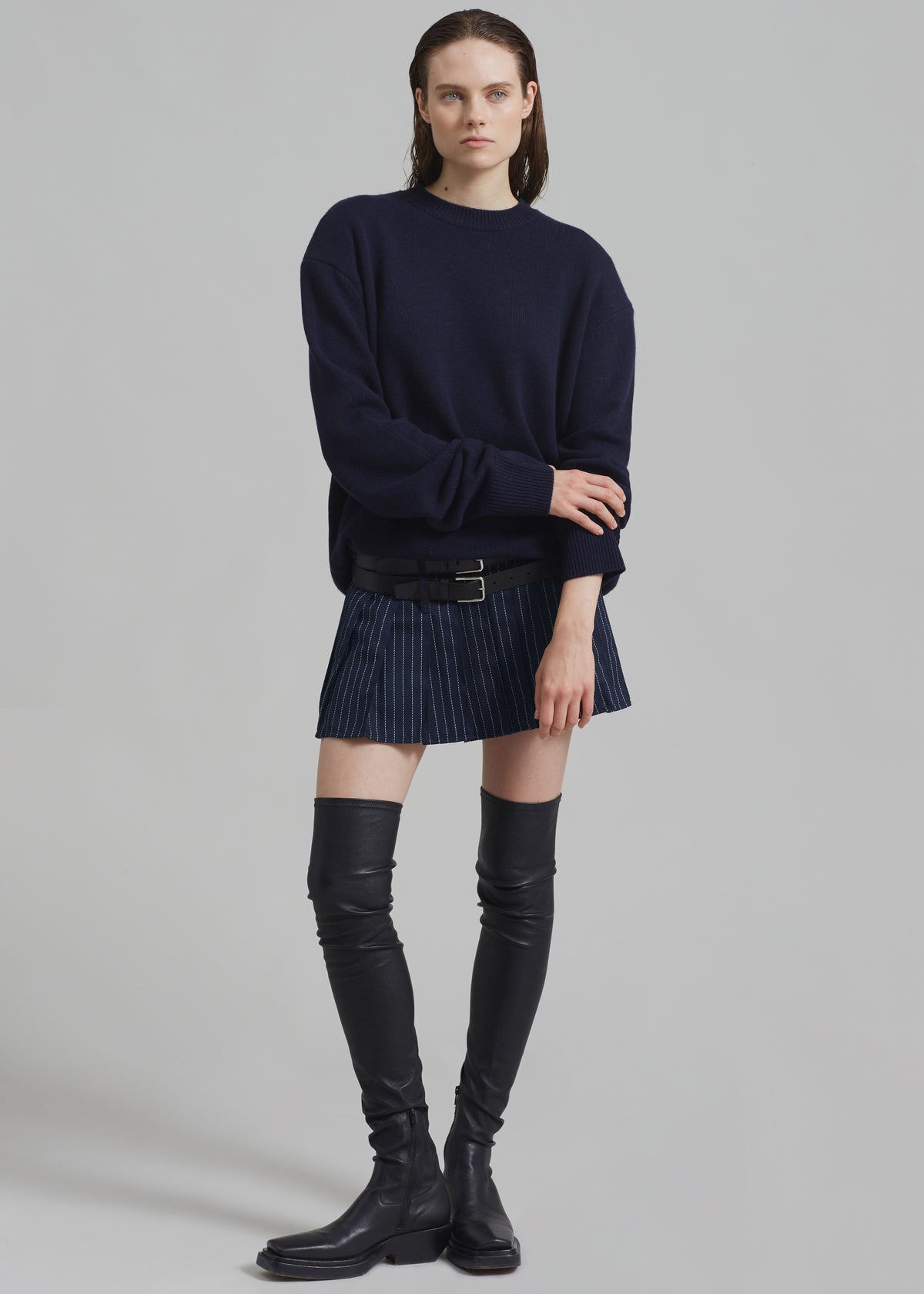 Blake Pleated Twill Mini Skirt - Navy/White Pinstripe - 8