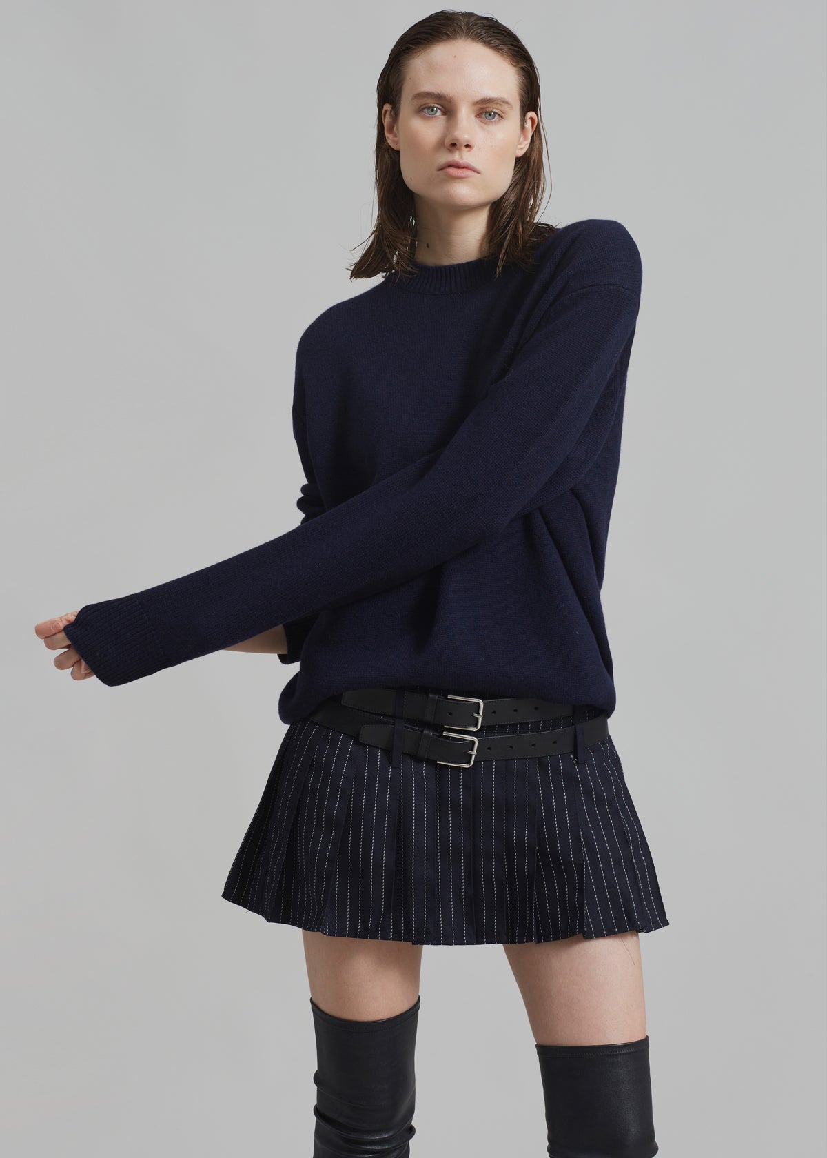 Blake Pleated Twill Mini Skirt - Navy/White Pinstripe - 7