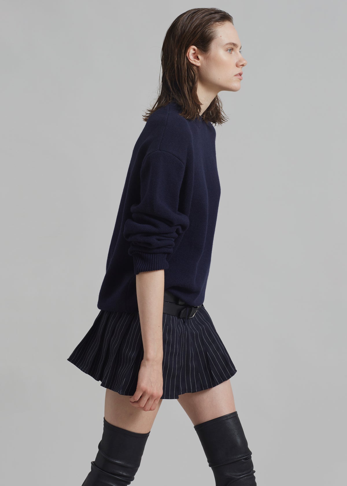 Blake Pleated Twill Mini Skirt - Navy/White Pinstripe - 5