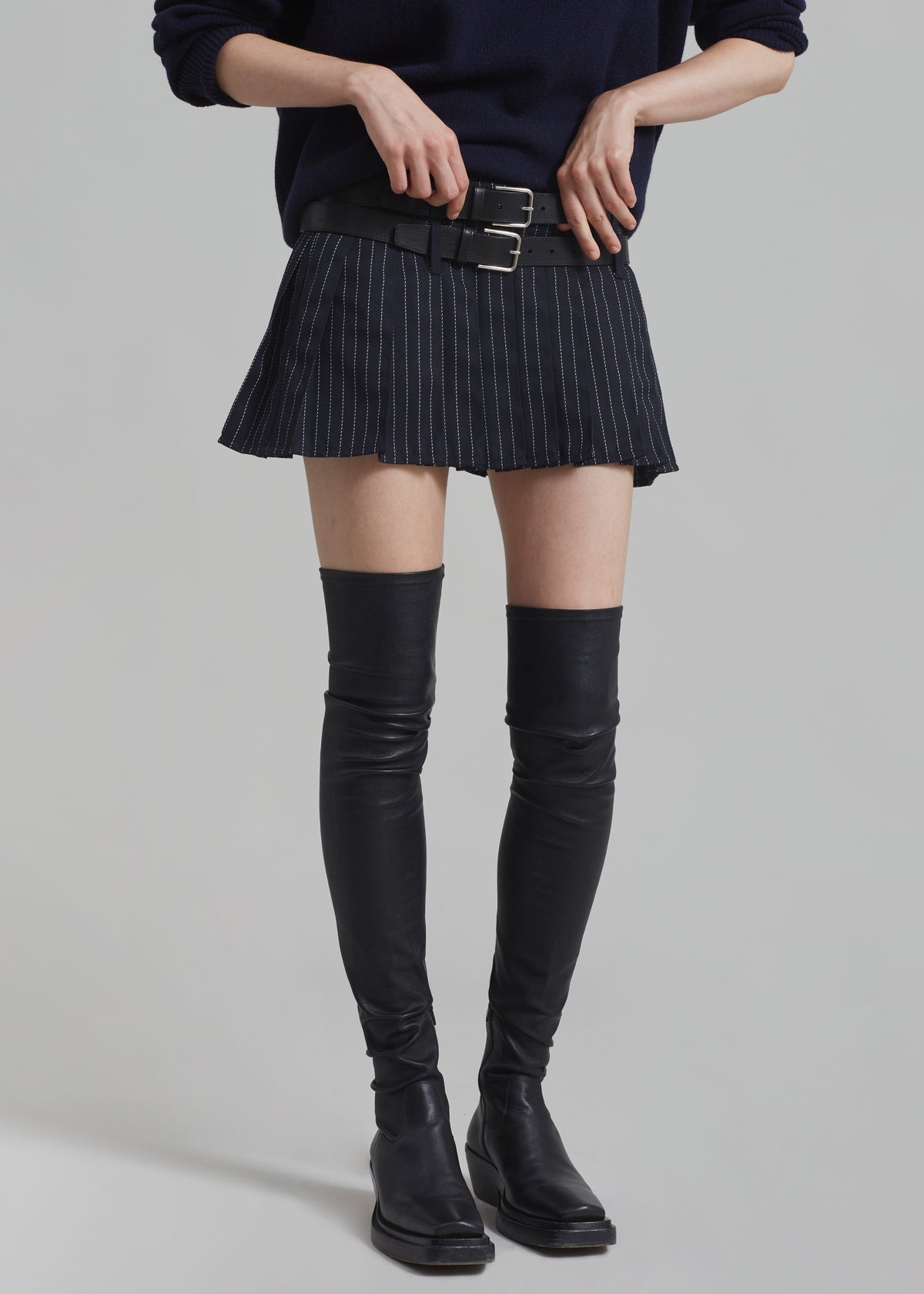 Blake Pleated Twill Mini Skirt - Navy/White Pinstripe - 9